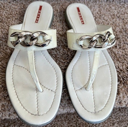 Prada Women's White Patent Leather Thong Sandals