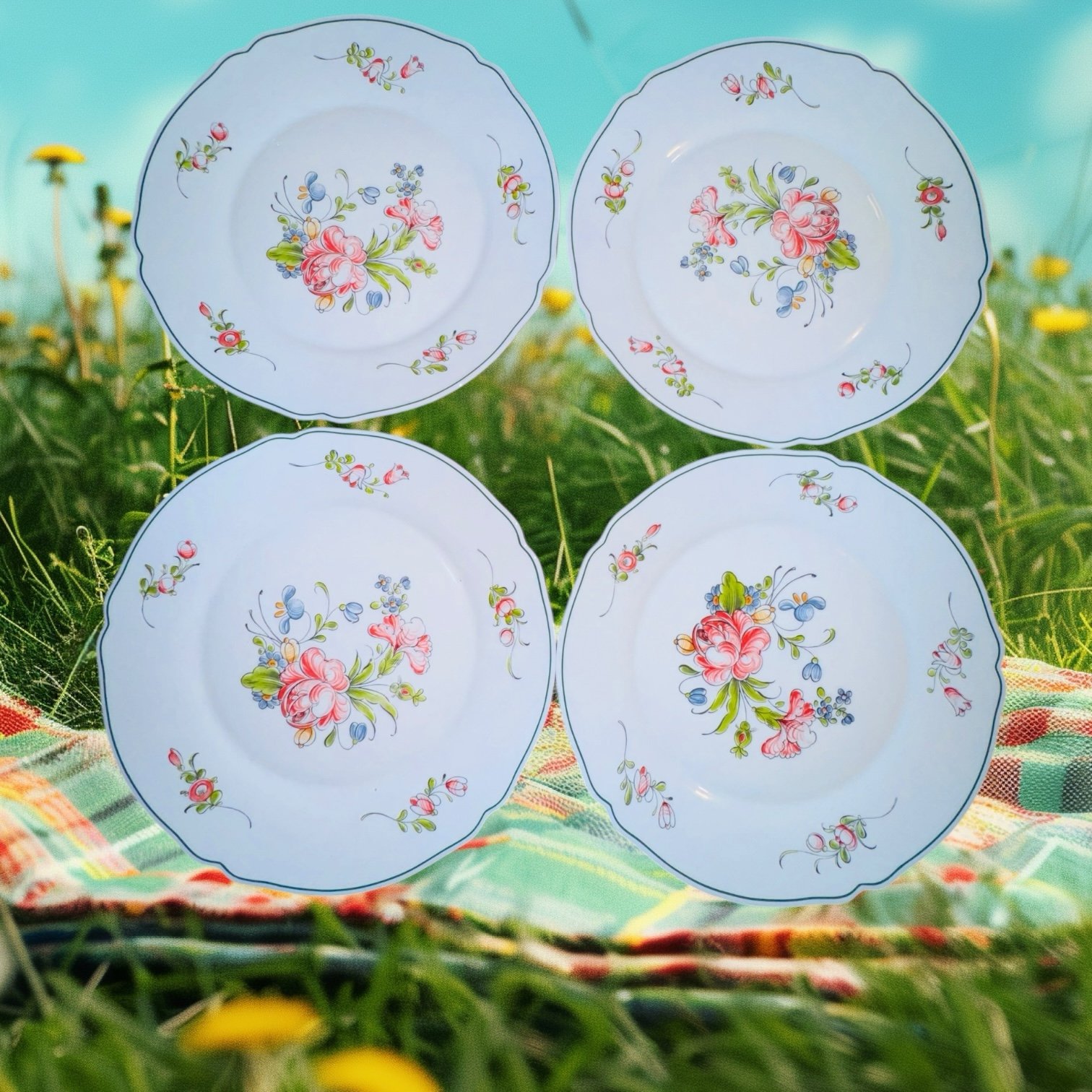 ARC ARCOPAL FRANCE DINNER PLATE Floral Scalloped Edge Border Set of 4