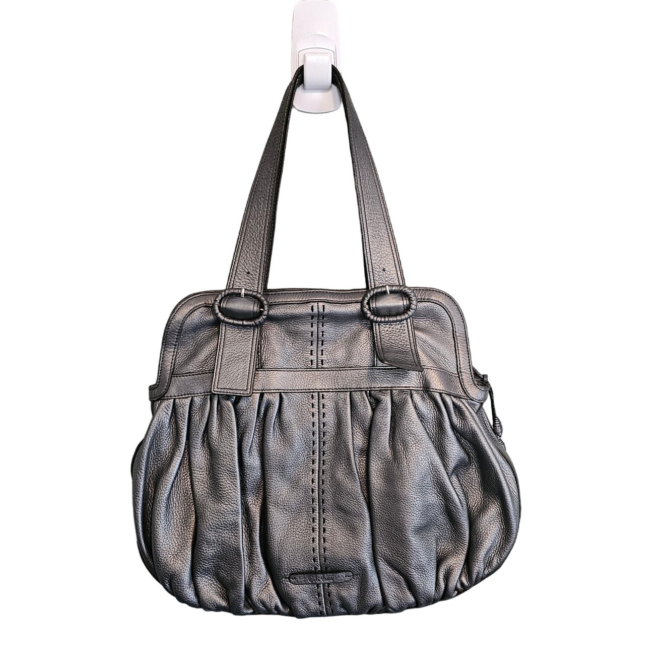 Cole Haan Metallic Silver Pewter Leather Satchel Shoulder Bag