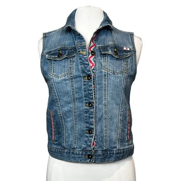 Lucky Brand Ladies Boho Embroidered Trim Button Front Stretch Denim Vest