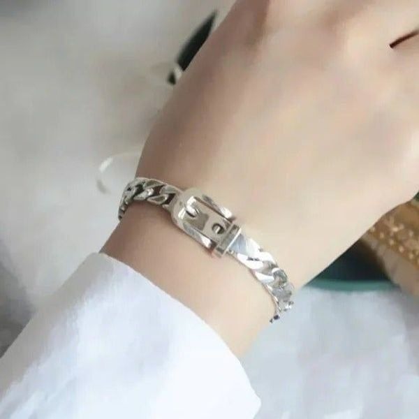 New 925 Sterling Silver Cuban Chain Link Belt Buckle Bracelet