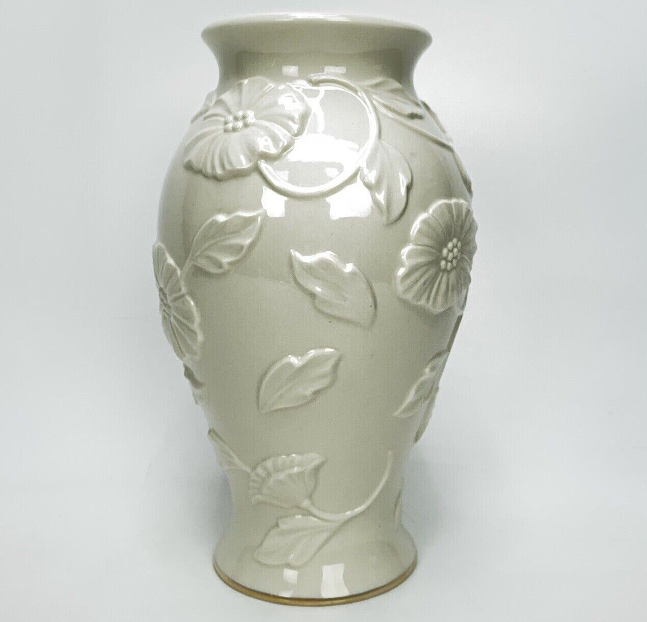 Lenox Ivory Vase Ceramic Floral Leaves Gold Trim USA Made 10 Tall x 4 Wide