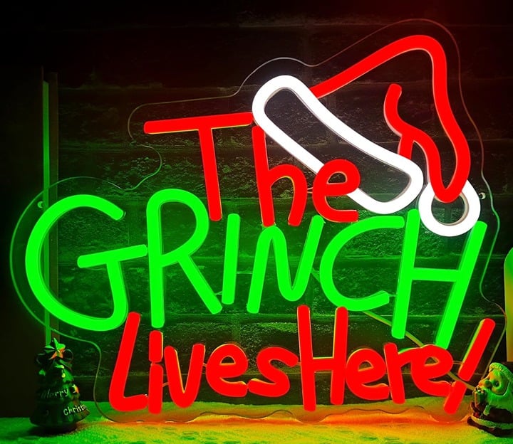 Fun Bright Green / Red “The Grinch Lives Here!” LED Night Light Christmas Decor