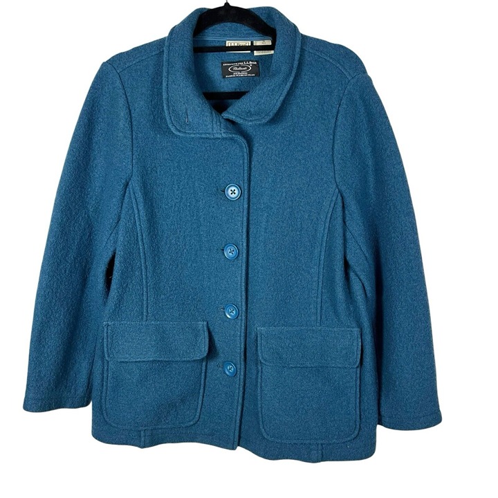 L.L Bean Bellandi Jacket Italian Boiled Wool Blue Women's Medium Button Up Vtg