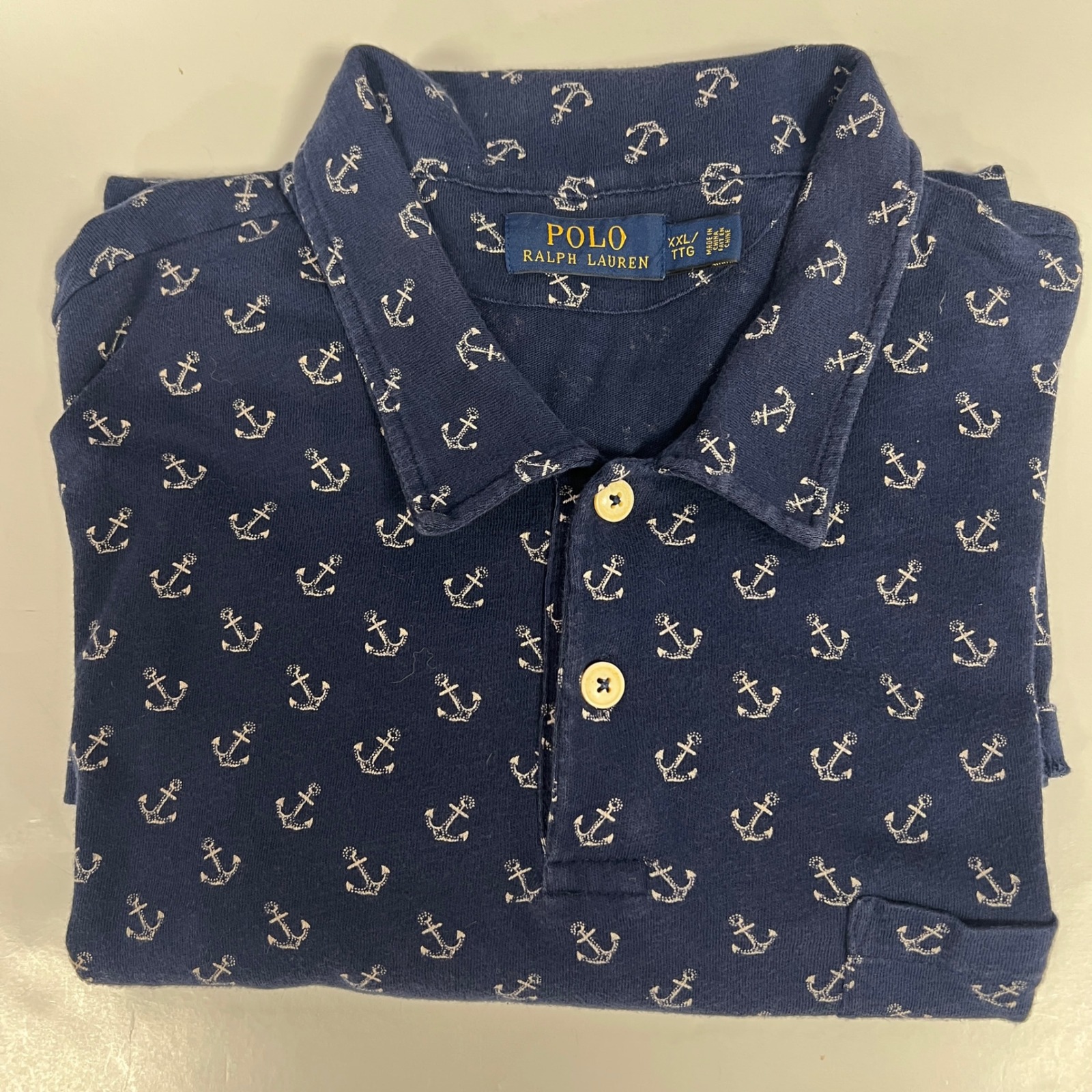Polo Ralph Lauren Navy Blue Anchor Print AOP Polo Shirt Short Sleeve XXL *FLAW