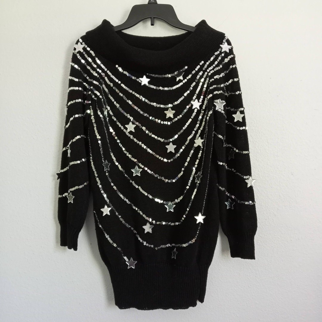 Vintage Bonnie Boerer Sparkle Star Sweater Silver Sequins Black Party Pullover M