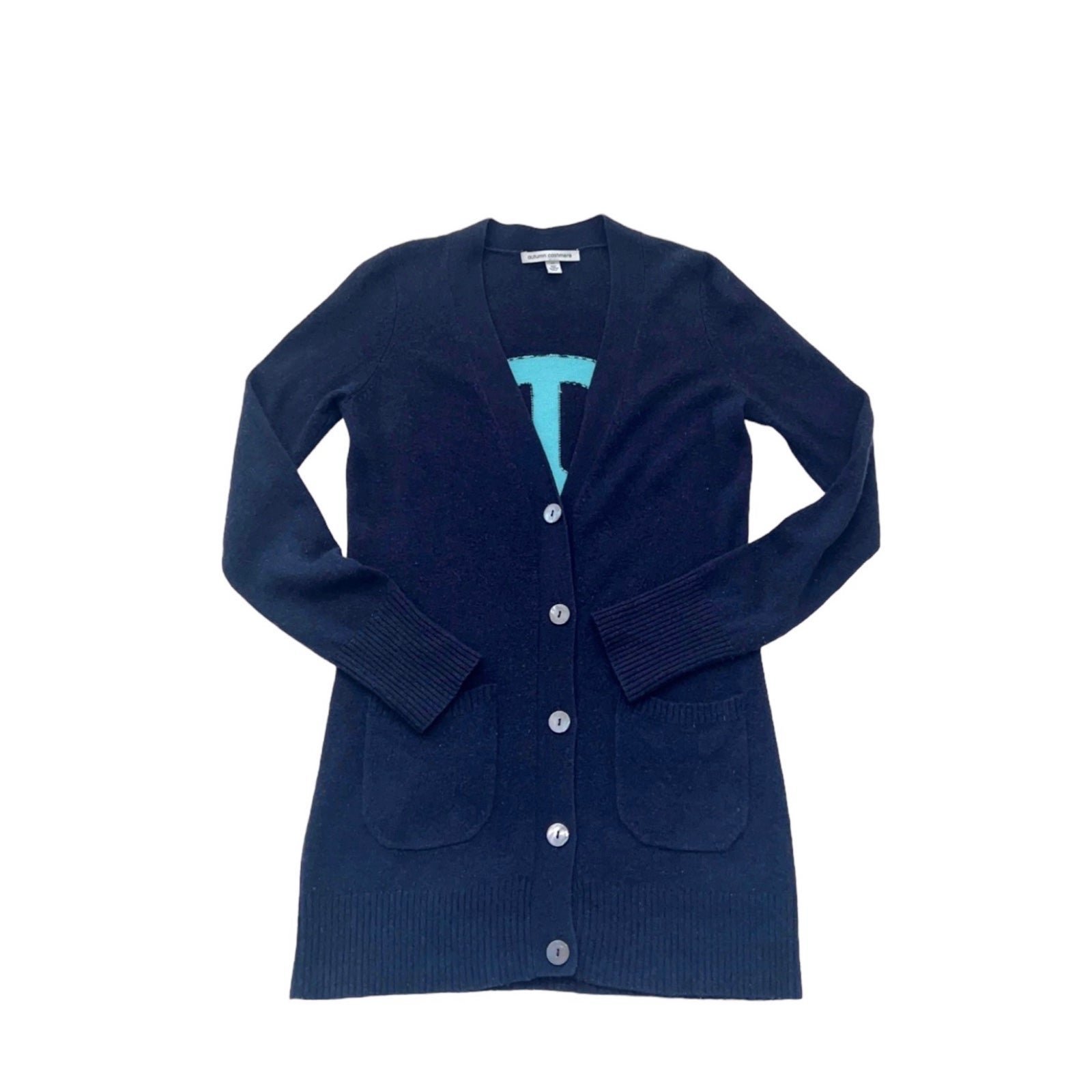 Autumn Cashmere Peace Sign Navy Blue Turquoise Button Down Cardigan
