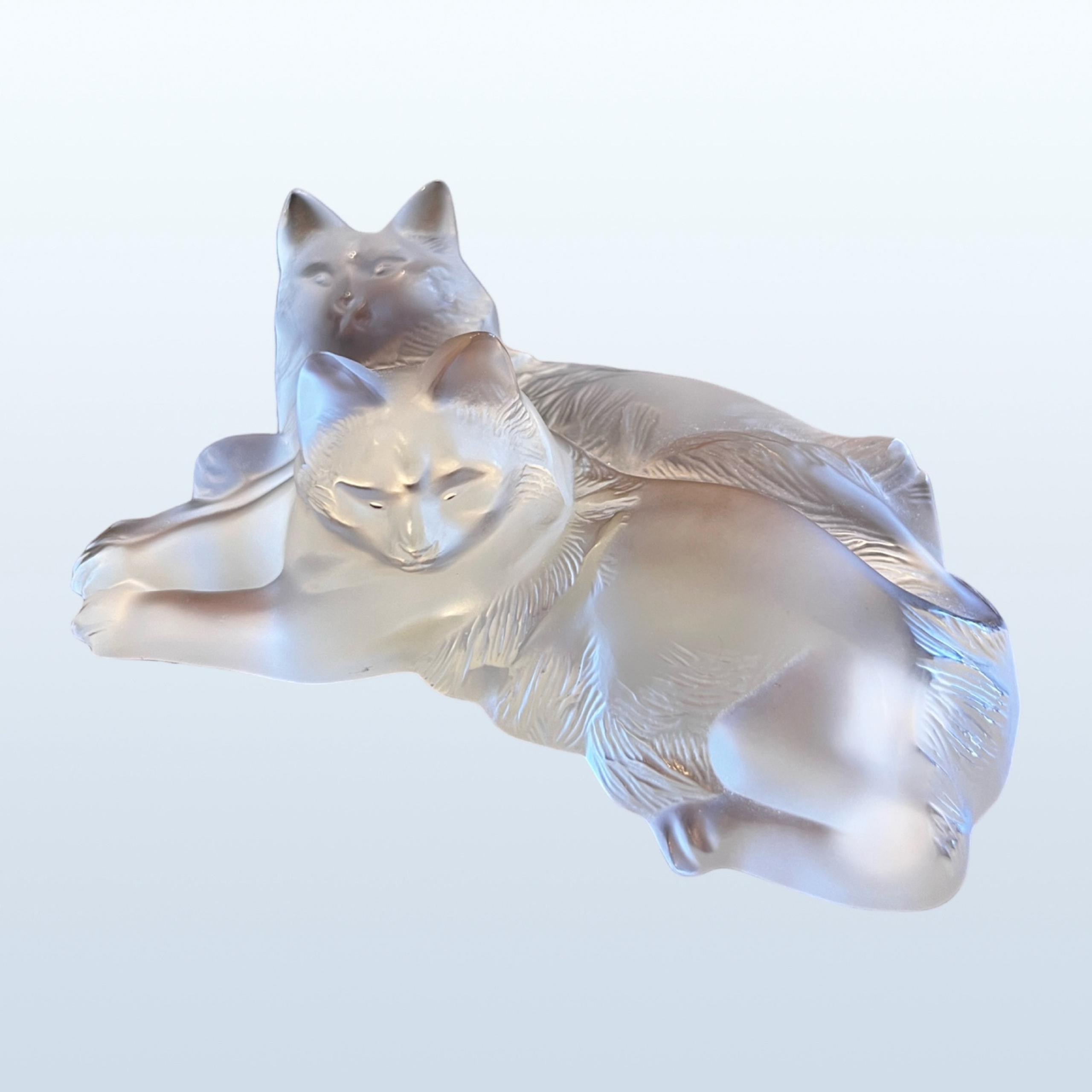 Authentic and Vintage Lalique France Frosted Crystal Resting Cats Figurine