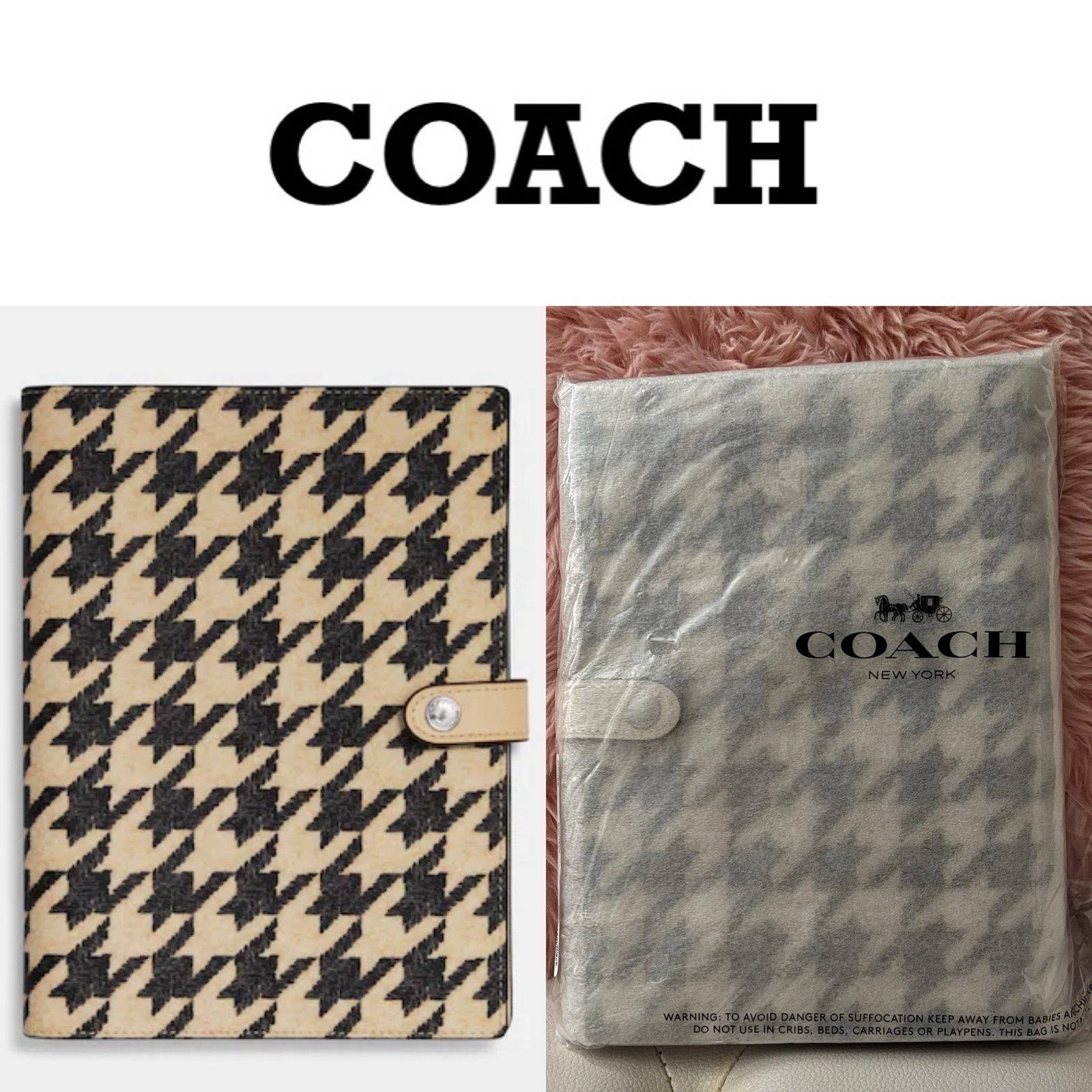 NEW Coach Black Cream Houndstooth Printed Canvas Smooth Leather Notebook Journal