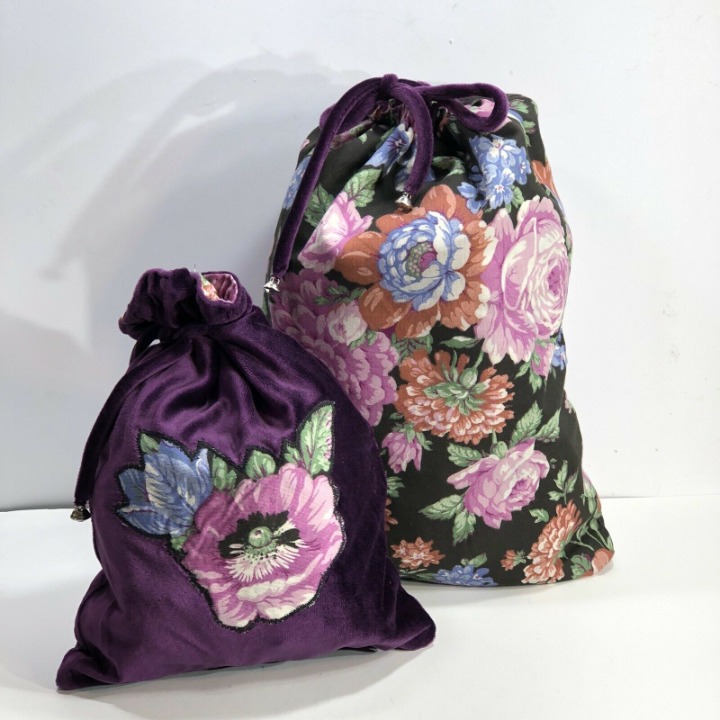SET 2 VTG Embroidered Purple Velveteen Bags Reversible Drawstring Pouches 12 /9