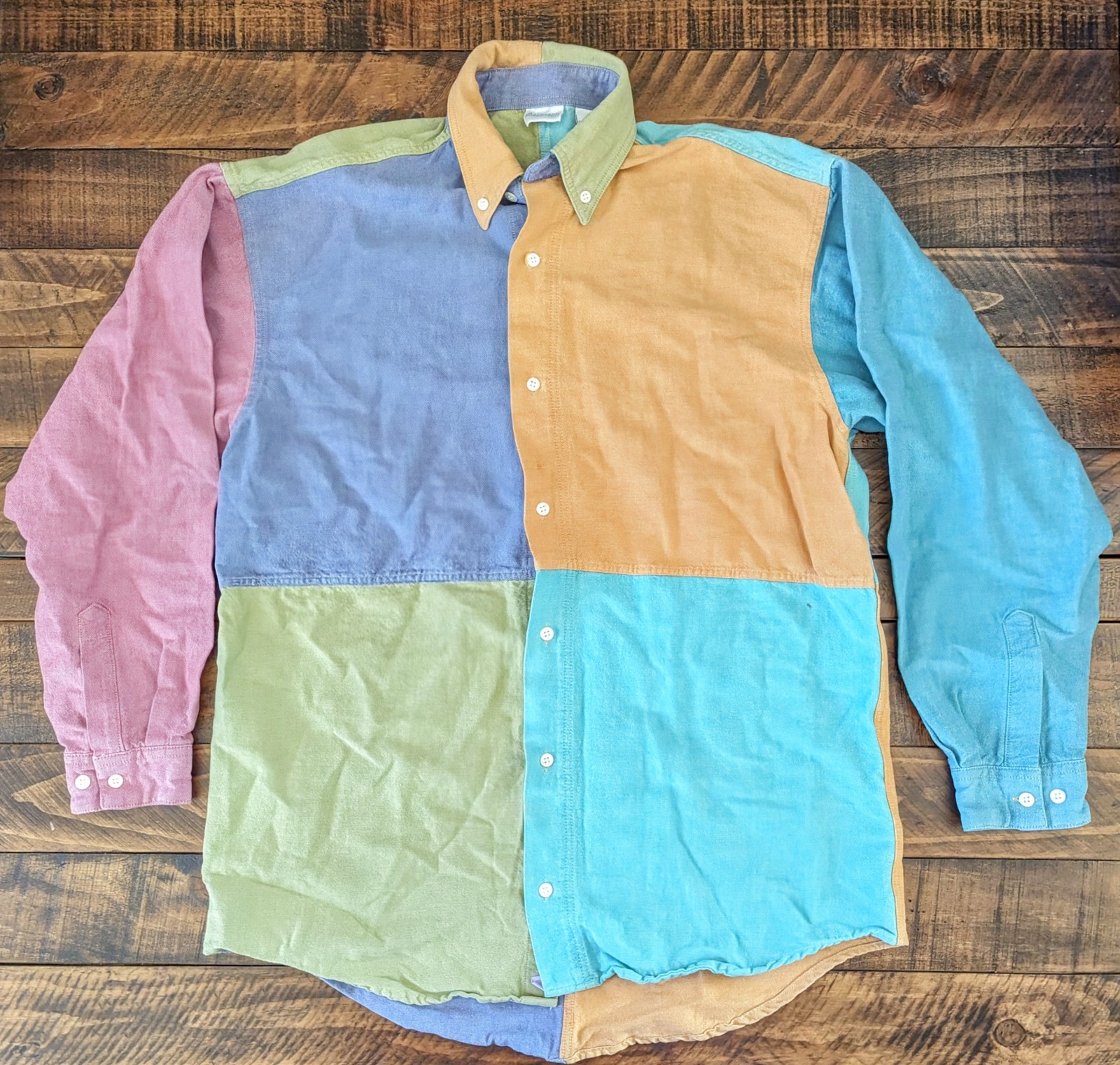 COOL 1990S PASTEL COLOR BLOCK LINEN SYLE LONG SLEEVE BUTTON DOWN COTTON SHIRT S