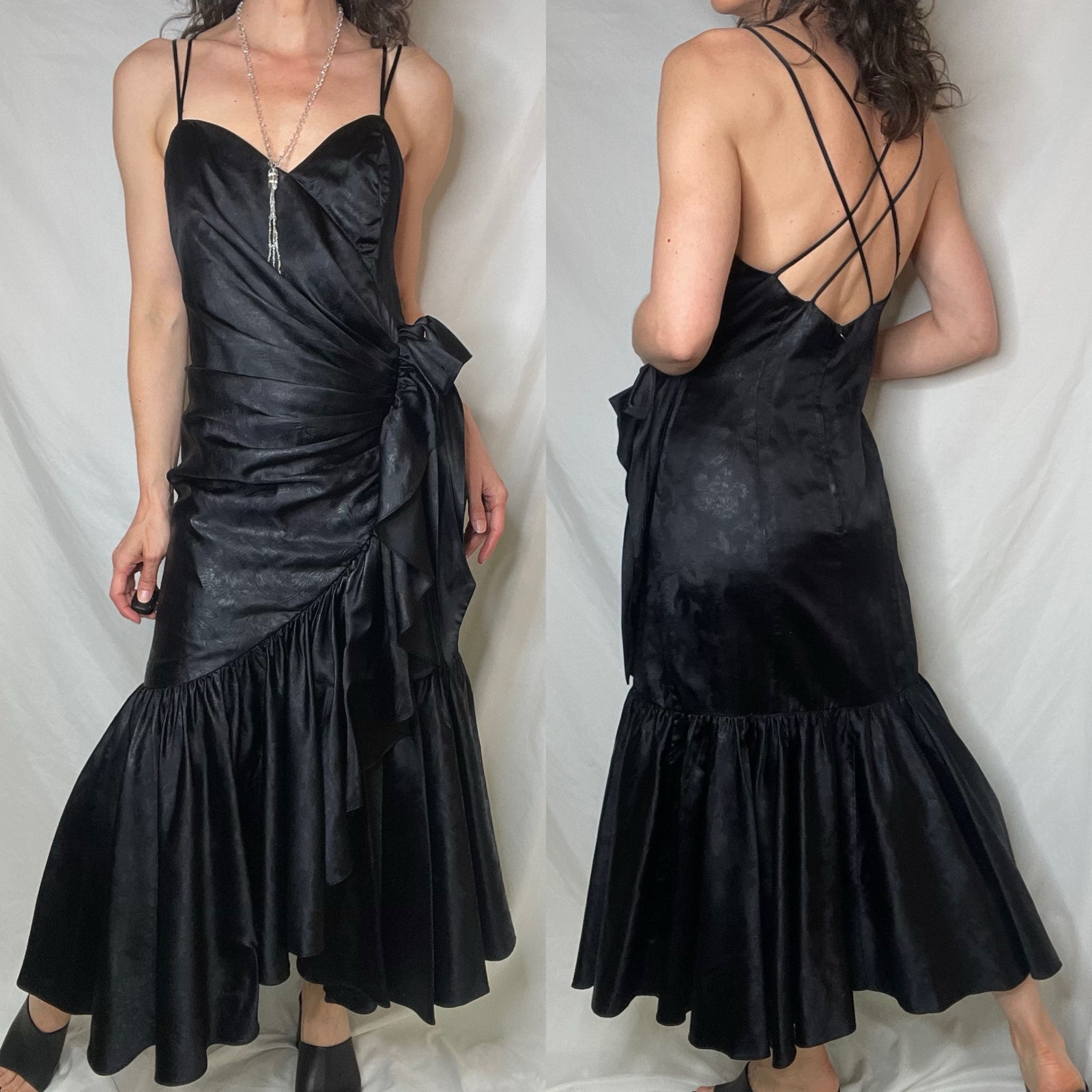 Vintage 80s ruched fishtail mermaid maxi dress open back sweetheart strappy M