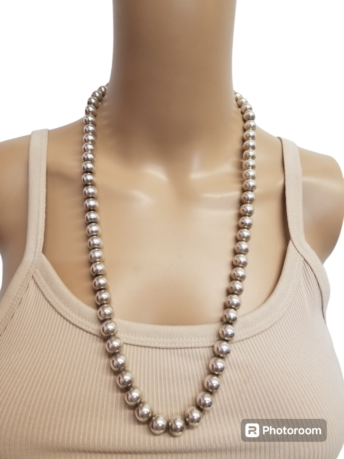 VINTAGE SOLID STERLING SILVER BEADED LONG STATEMENT NECKLACE