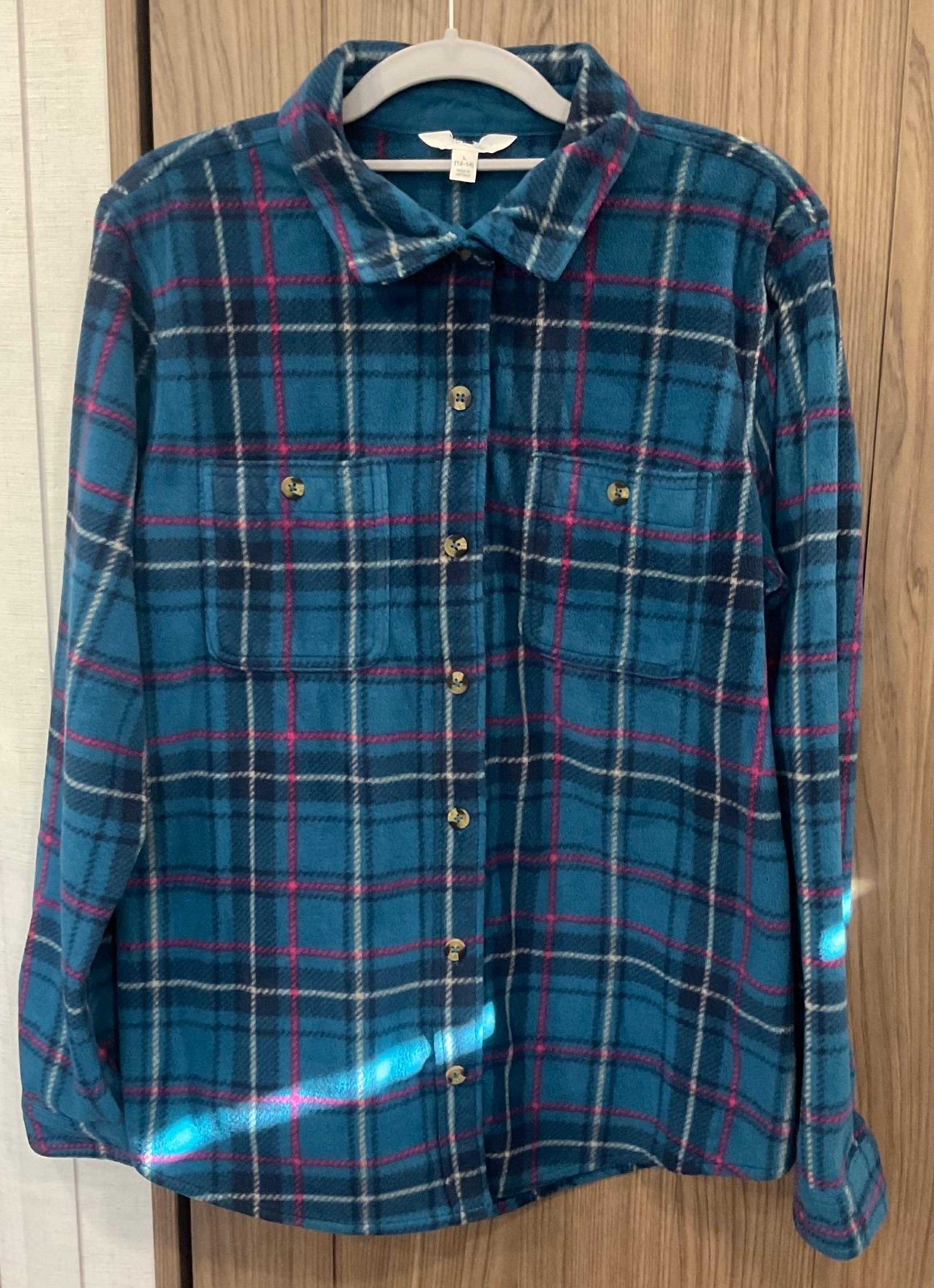 Time & Tru Womens Bluish Plaid Button Up Fleece Jacket Size L/G (12-14)