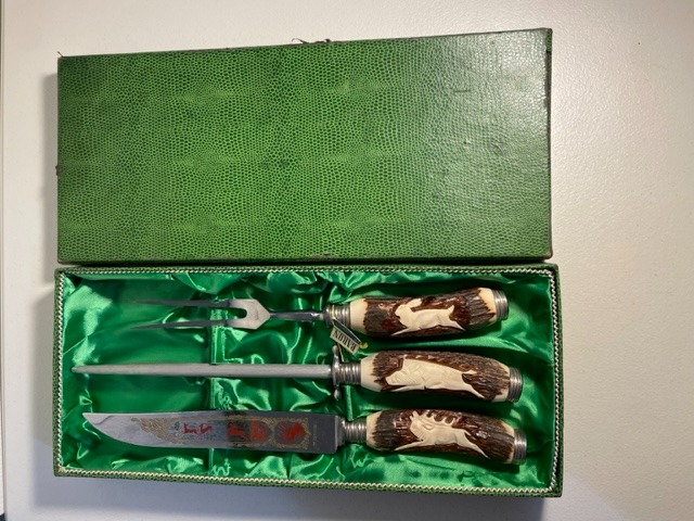 VTG Baron Solingen Germany 3 Pc Carving Set antler stag orig engraved knifes IOB