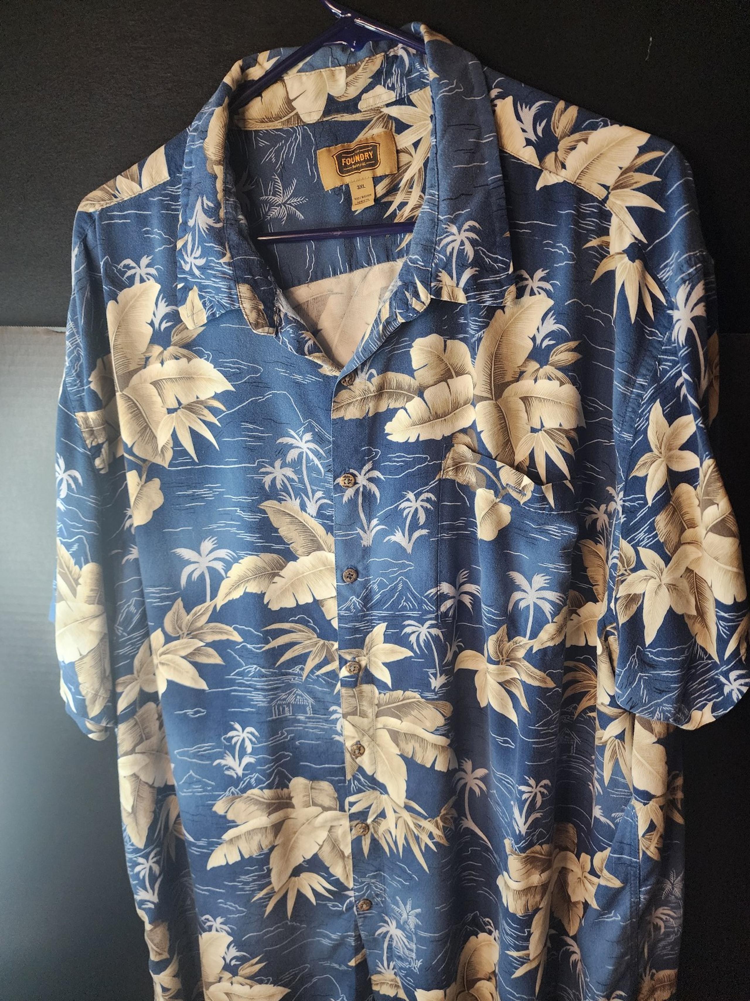 FOUNDRY SZ 3X Mens SS Hawaiian Shirt Blue & Cream 100% Rayon C2