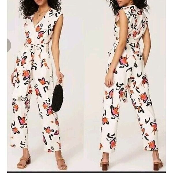 TANYA TAYLOR Margot Jumpsuit Womens 0 Ivory Orange Floral Linen Blend Pockets