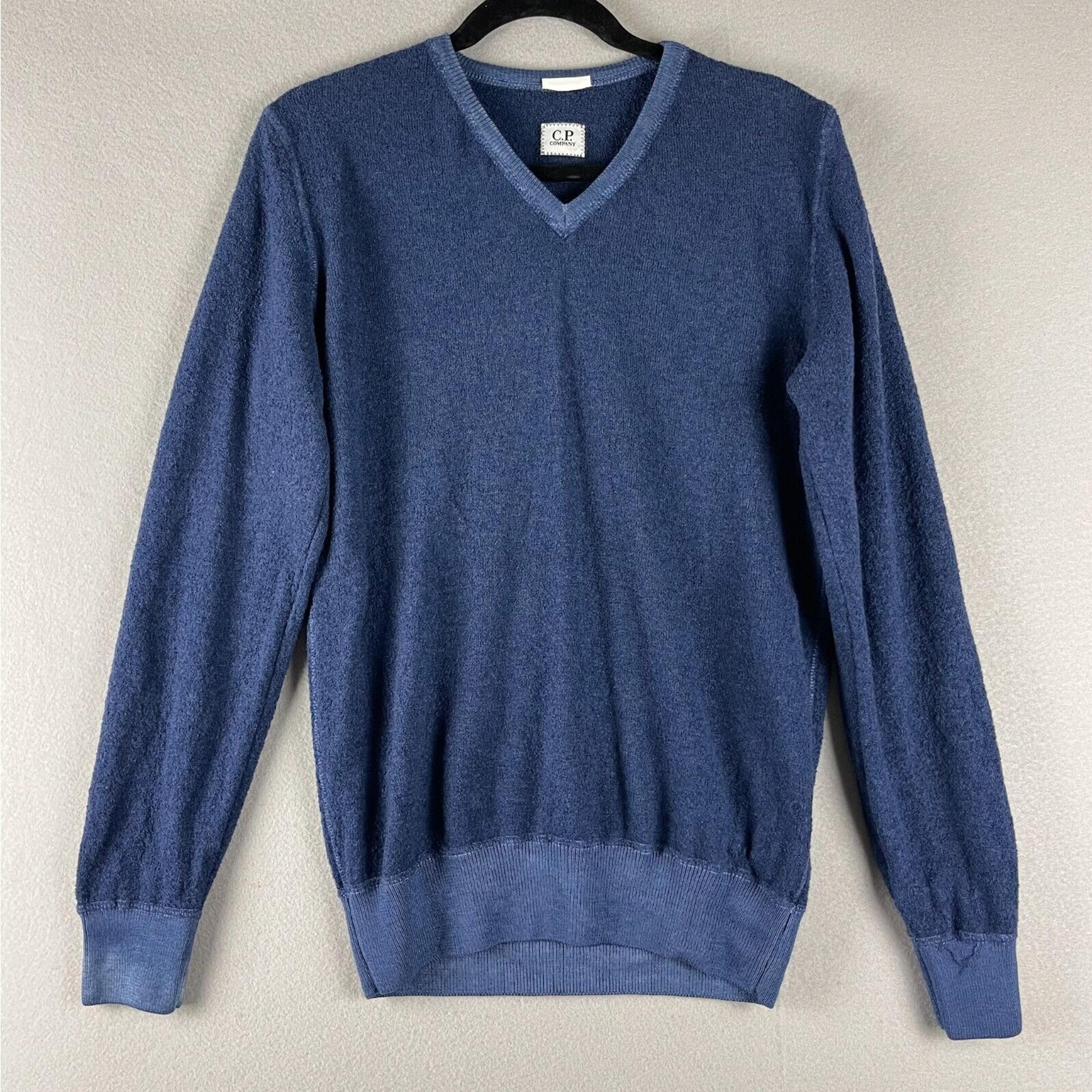 CP Company Sweater Mens 52 Large Blue Wool Blend Knit V-Neck Pullover Italy
