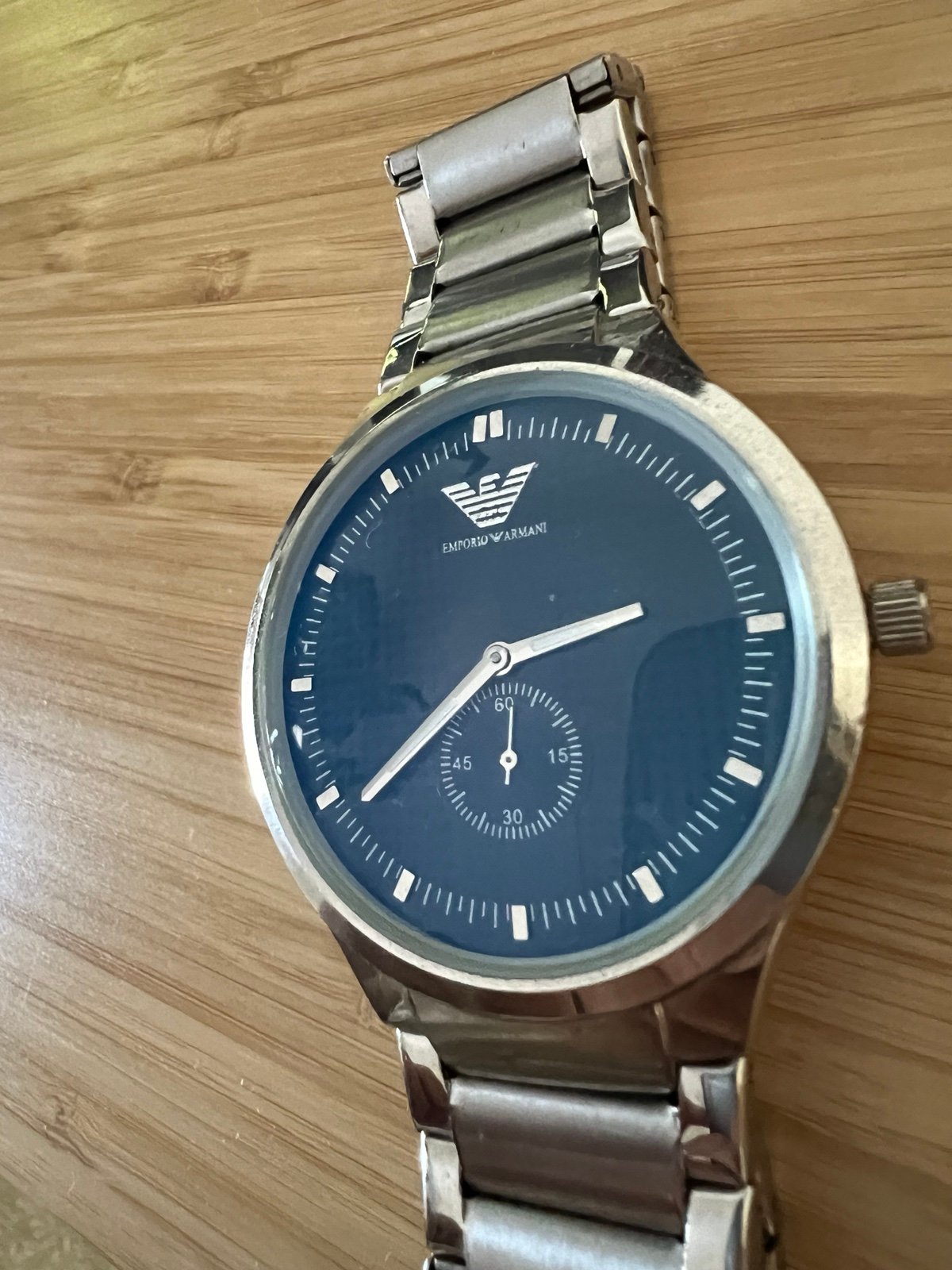Vintage Emporio Armani Silver Watch with Dark Blue Face. Runs Great!!