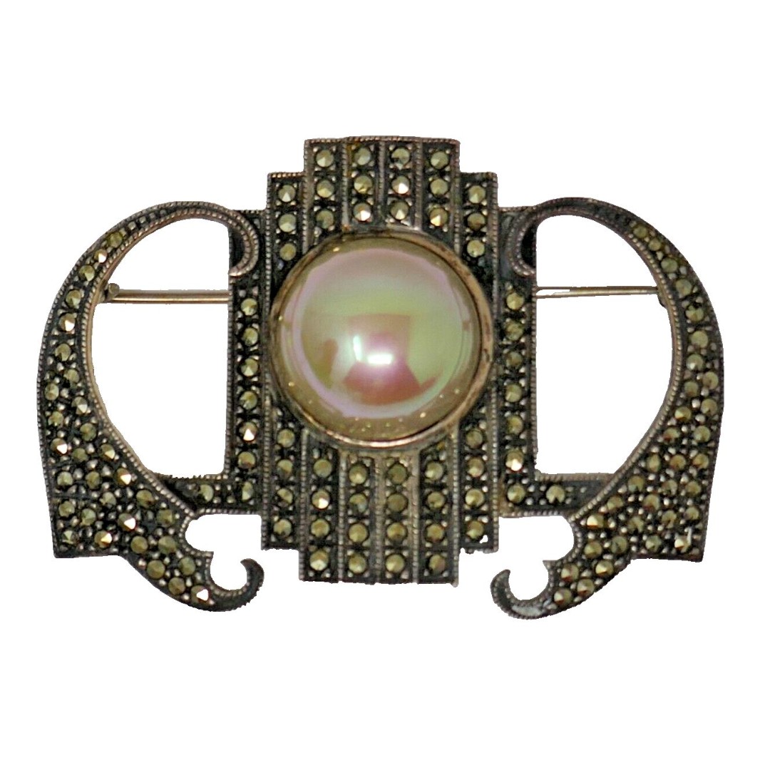 Sterling Silver Art Deco Marcasite Pearl Brooch Pin