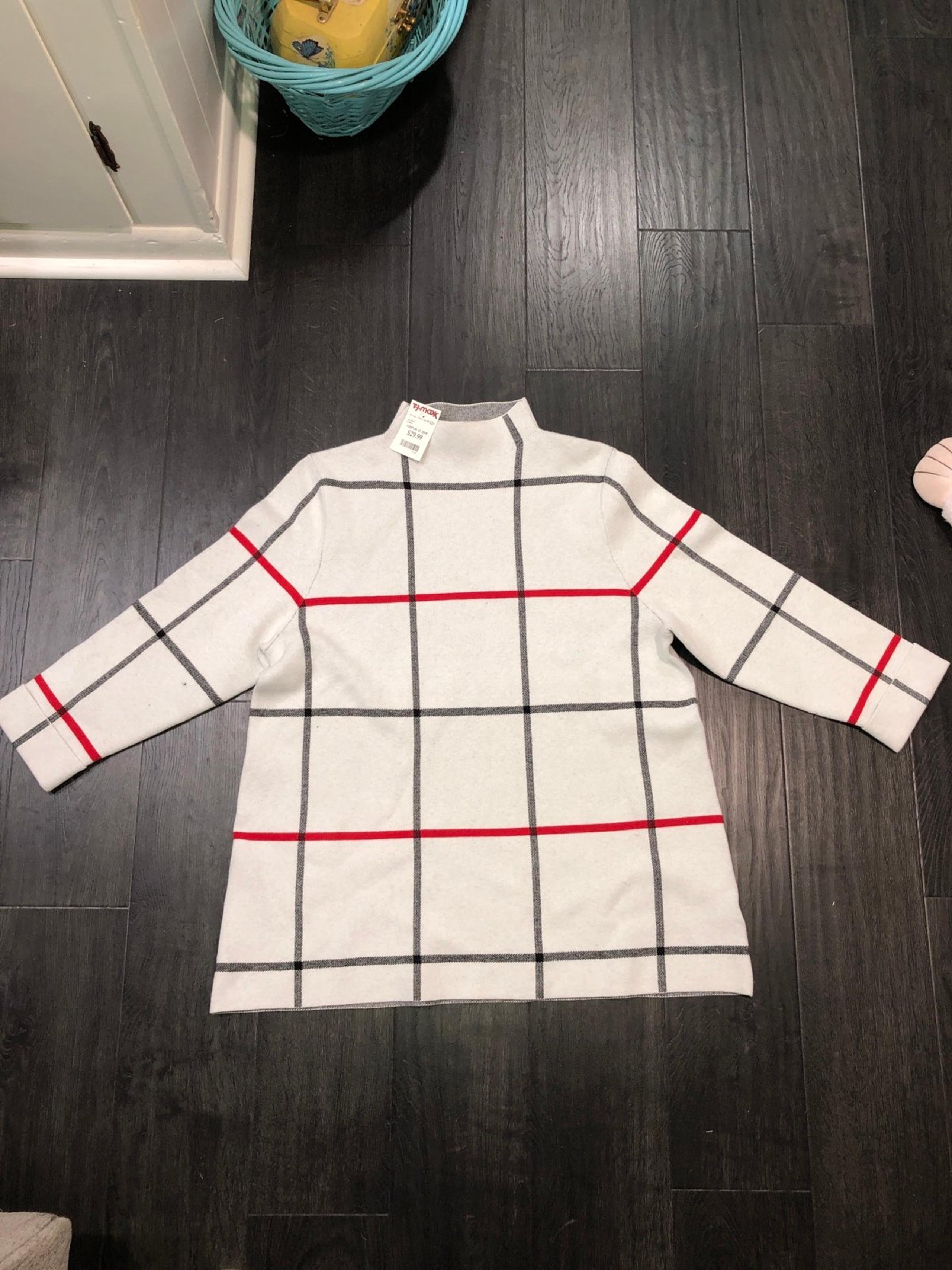 TAHARI Sweater Womens XL Mock Neck Windowpane Check Knitted Cuff Sleeve NWT