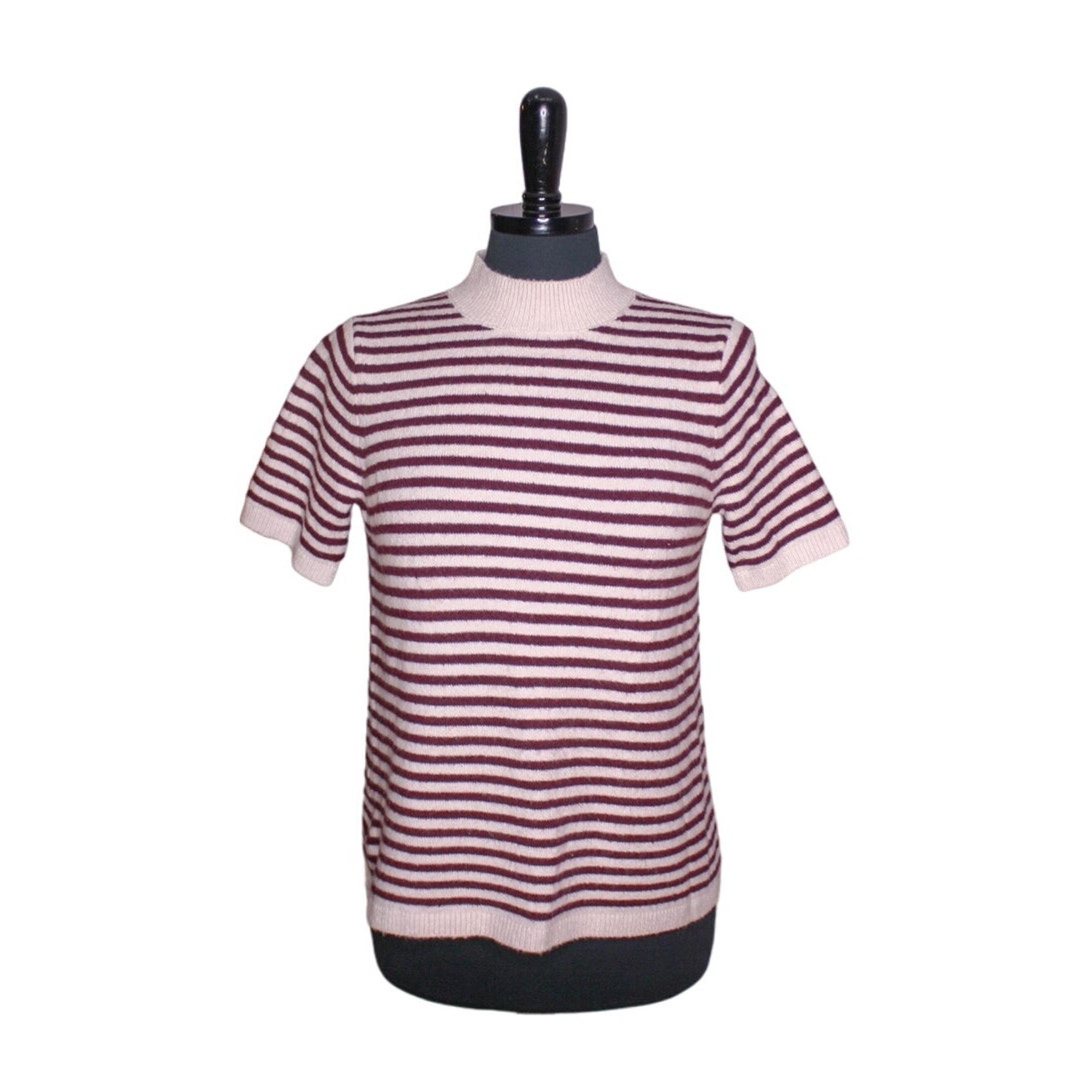 LOFT Petites Striped Short Sleeve Sweater High Collar Cream Brown SP