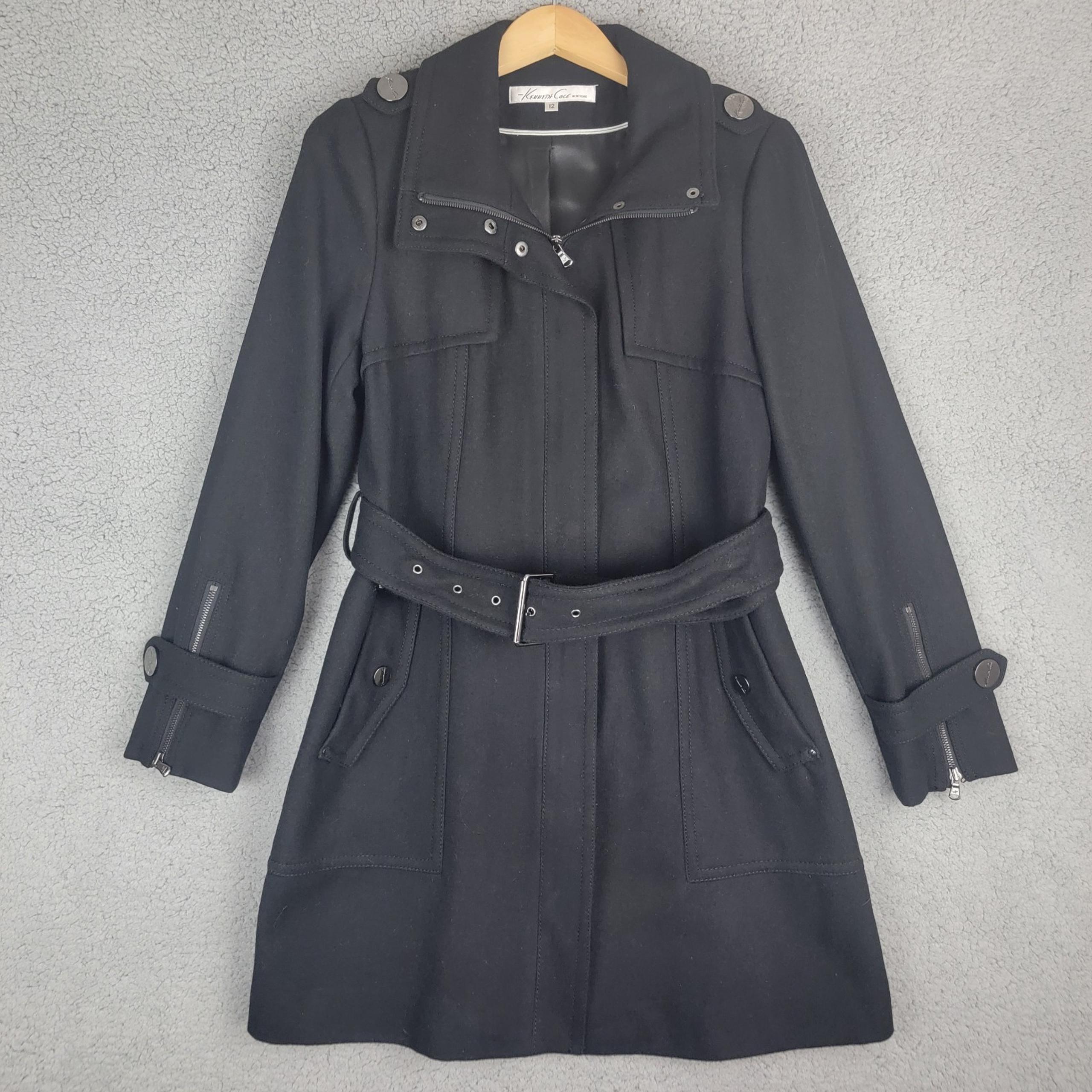 Kenneth Cole New York Wool Blend Black Belted Pea Coat Zip / Snap Lined Sz 12.