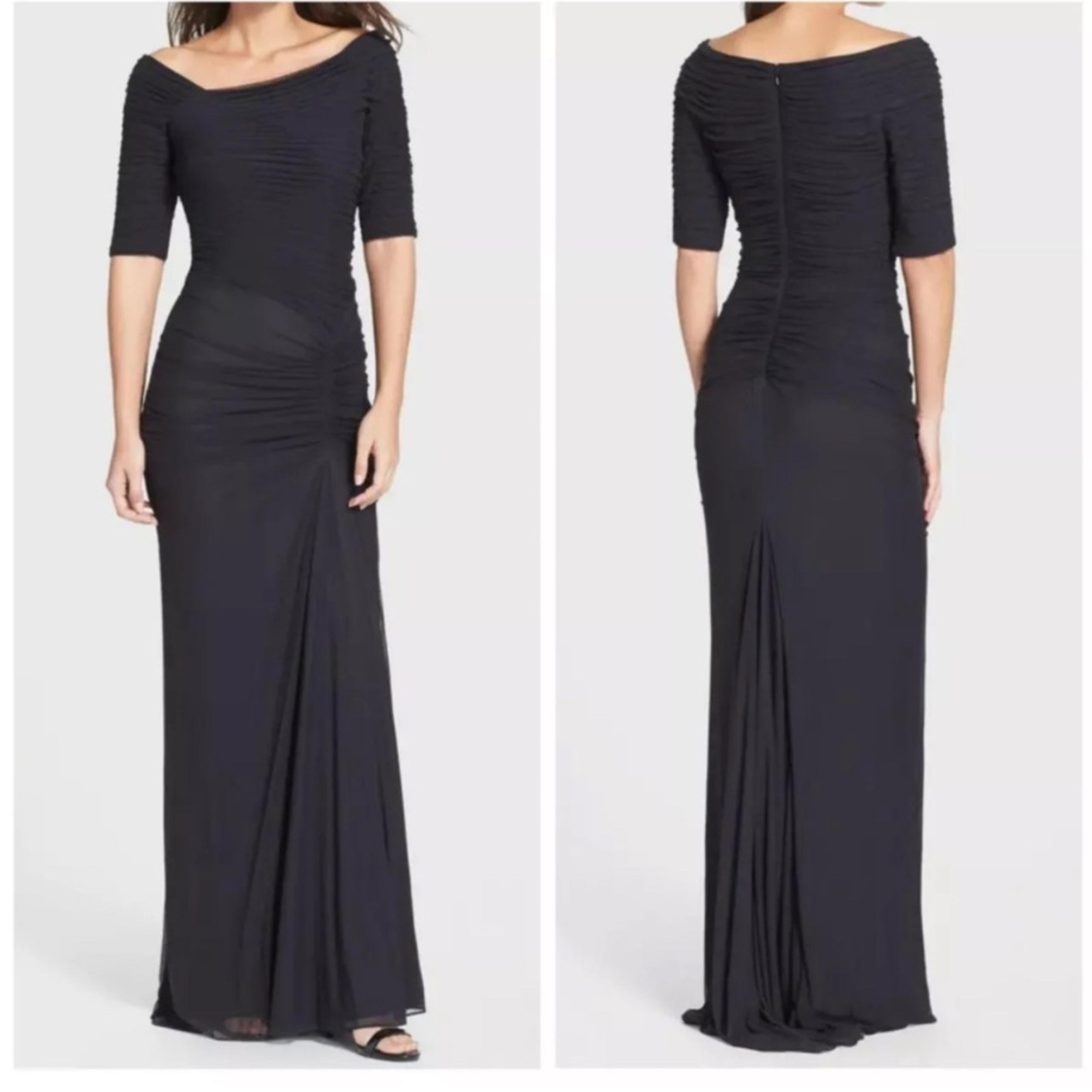 Tadashi Shoji $238 Draped Mesh Evening Gown Train Black Small EUC