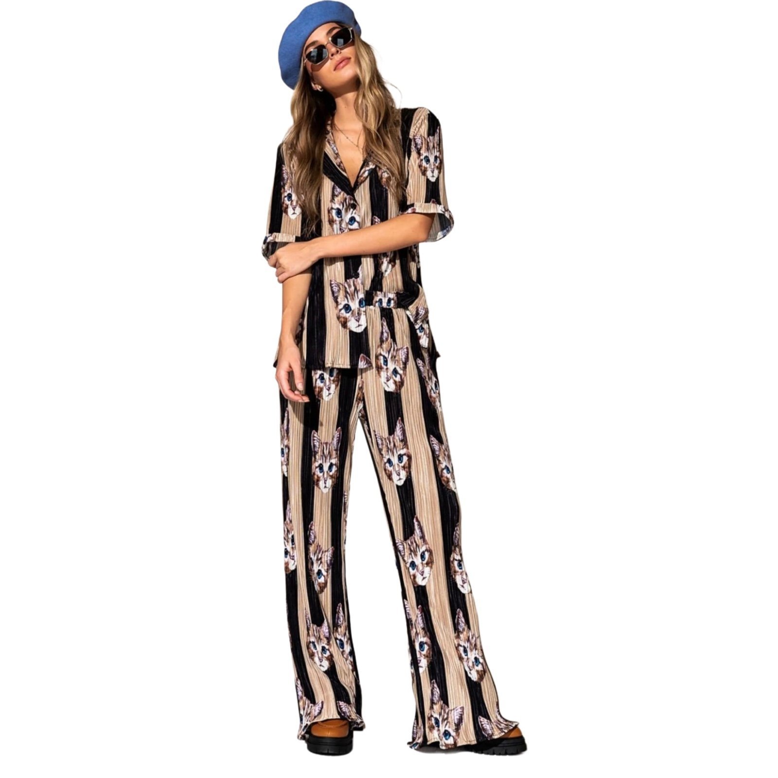 Dressed in LaLa The World is Yours Plissé Set in Pretty Kitty Size M