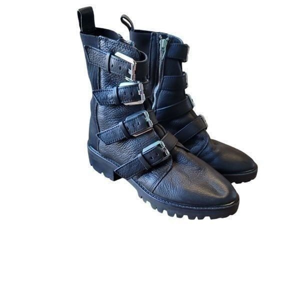 Dolce Vita Womens Combat Buckle Boots Gaven Lug Black Leather Round Toe Size 7.5