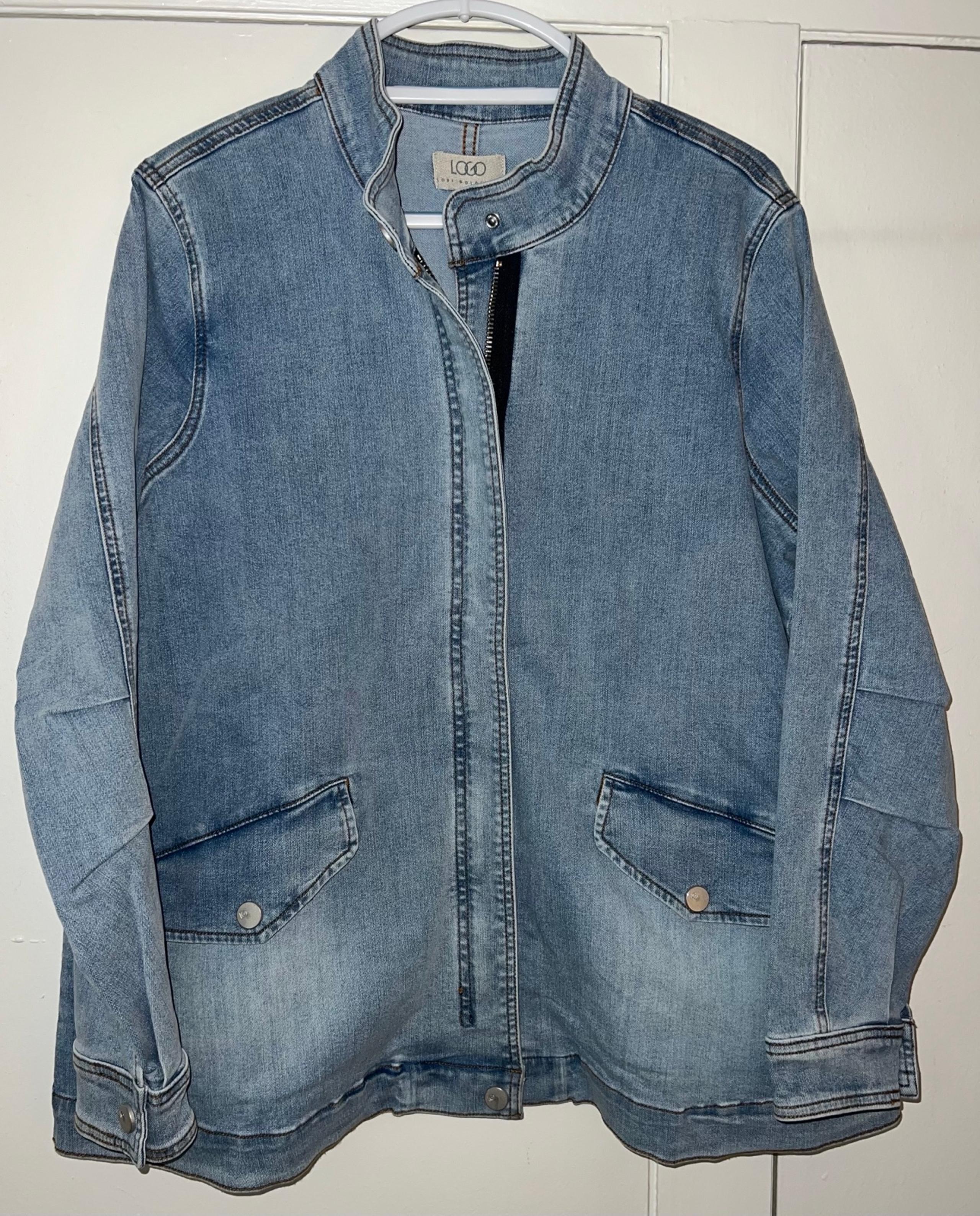 LOGO by Lori Goldstein ‘cloud wash’ light blue zip front denim jacket Size 12