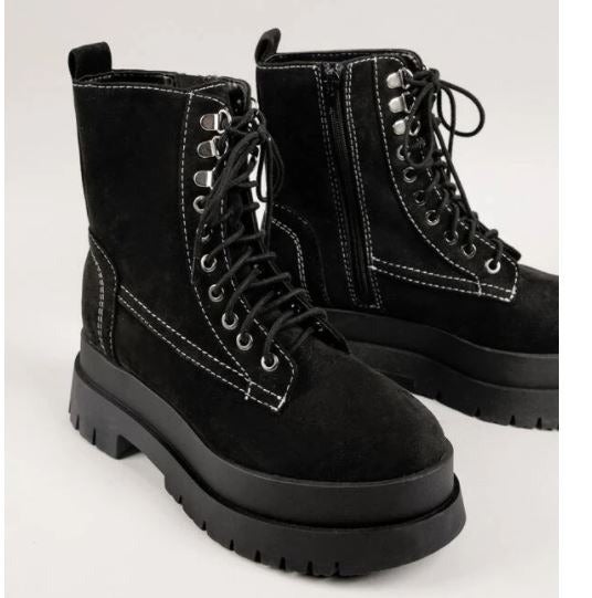 Chunky Vegan Suede Lace-Up Platform Mid Heel Combat Boots L5