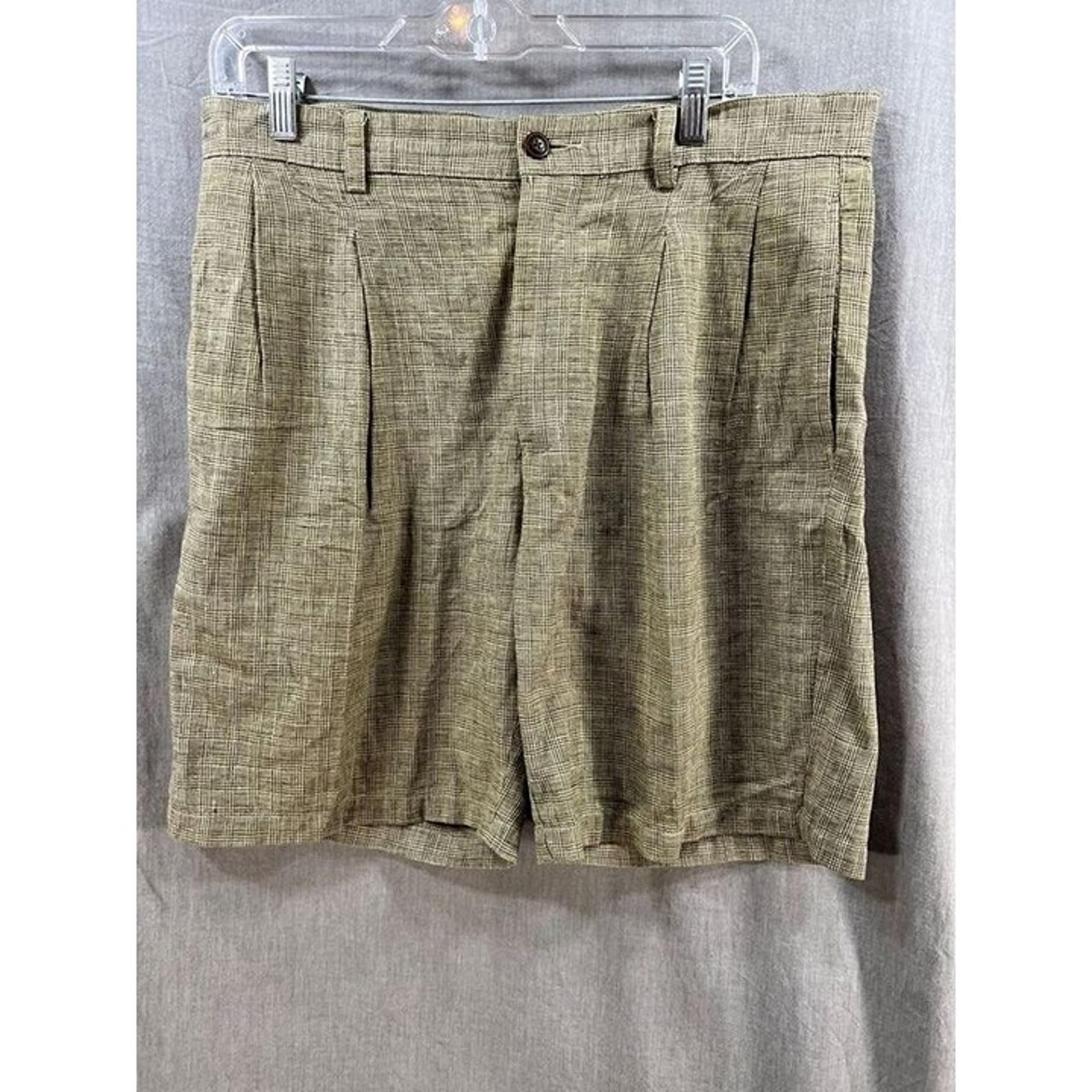 Nautica Nantucket Shorts Mens 33 Beige Pleated Plaid Pocketed Zip Button Men