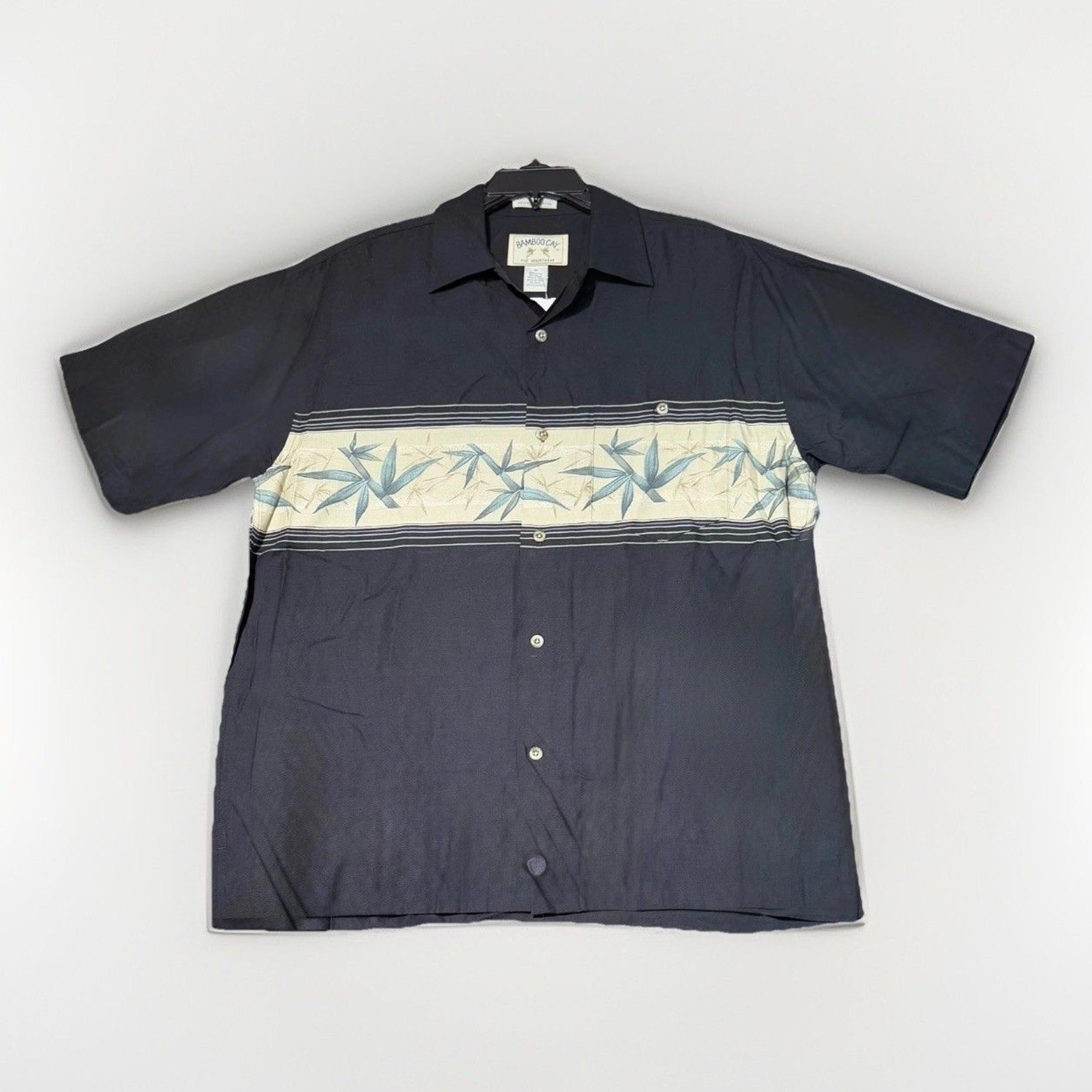 Bamboo Cay Mens M Black Polo Hawaiian Style Short Sleeve Rayn Button Down Resort