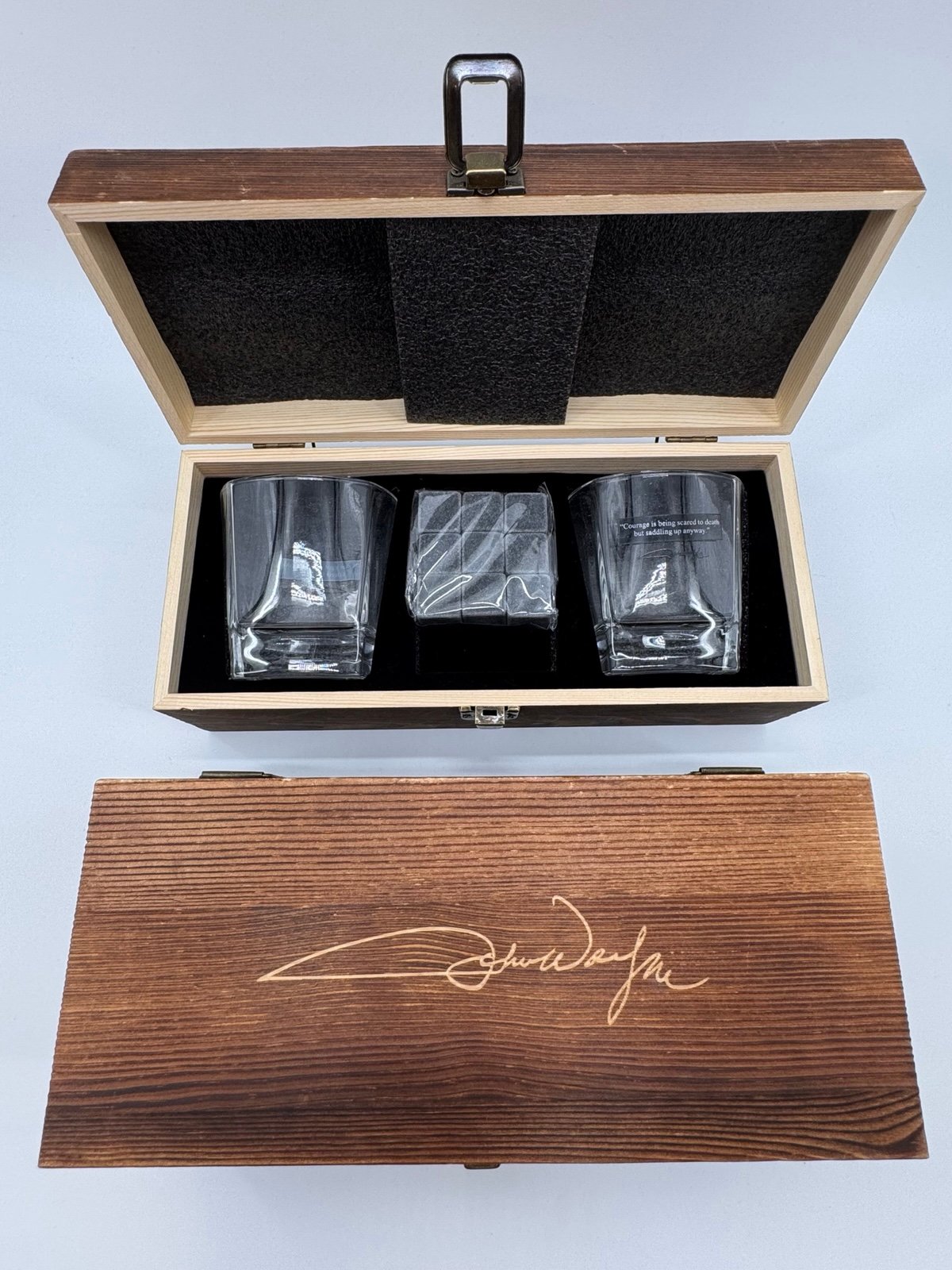 New John Wayne Theme Whiskey Glass Set Stone Wood Box Collectible Holiday Gift