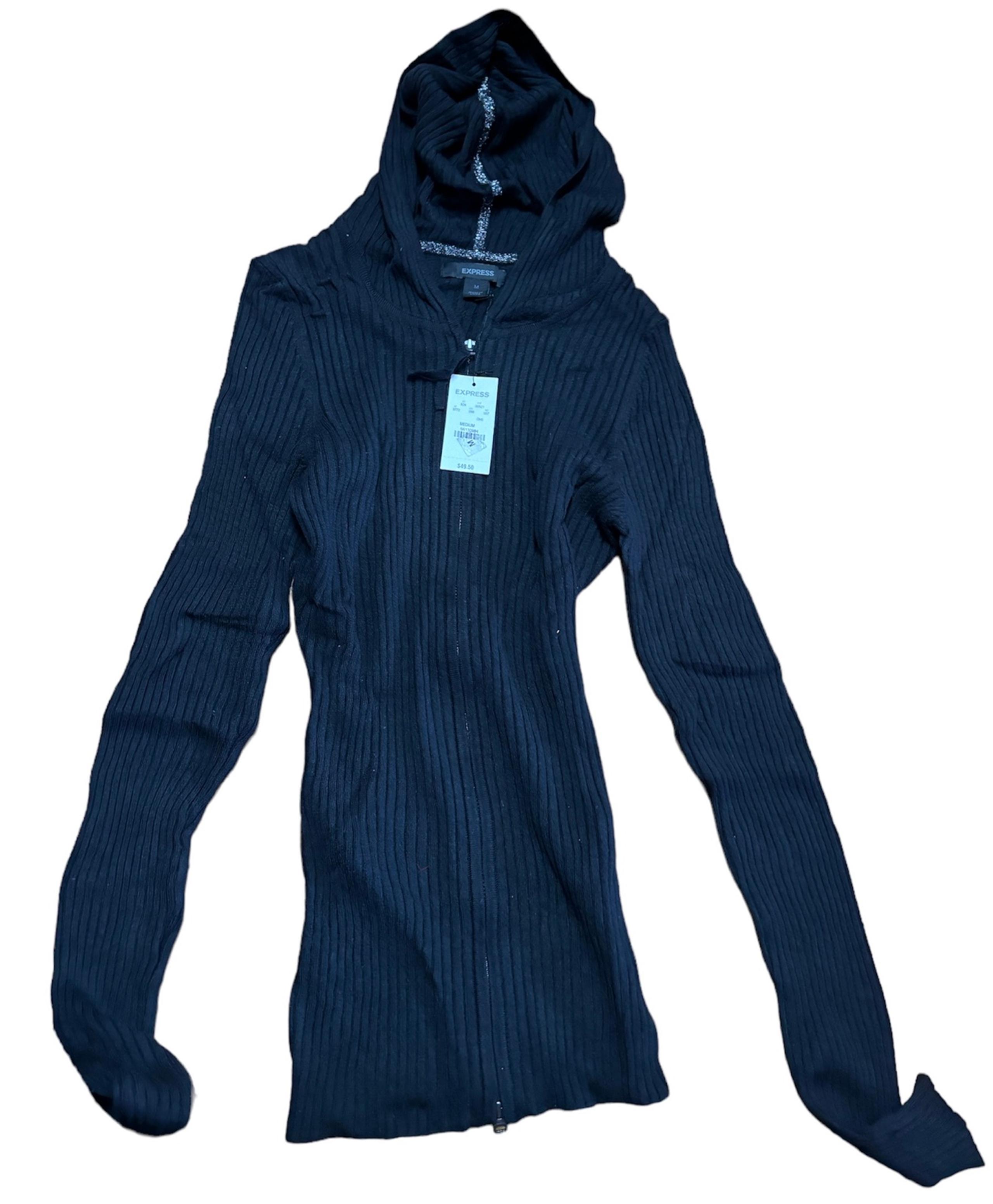 New Express Full Zip Ribbed Hooded Women Black Sweater M