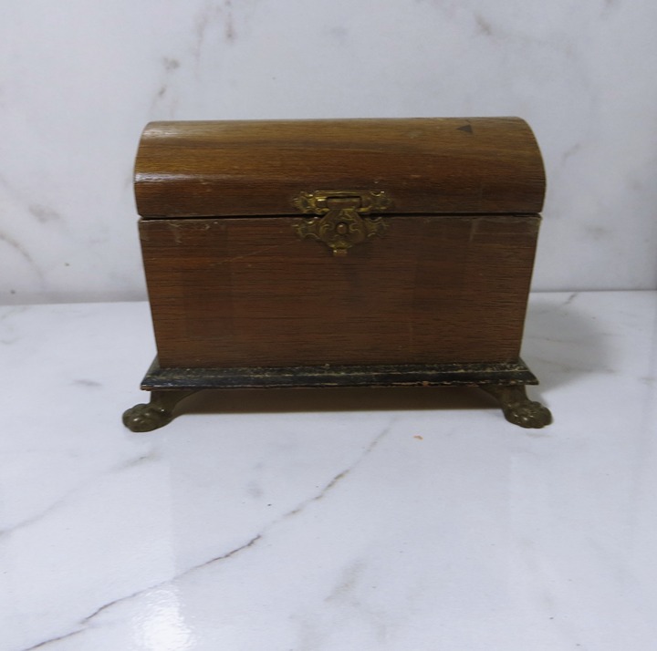 Antique Wooden Miniature Treasure Chest Trinket Box With All Brass Fittings