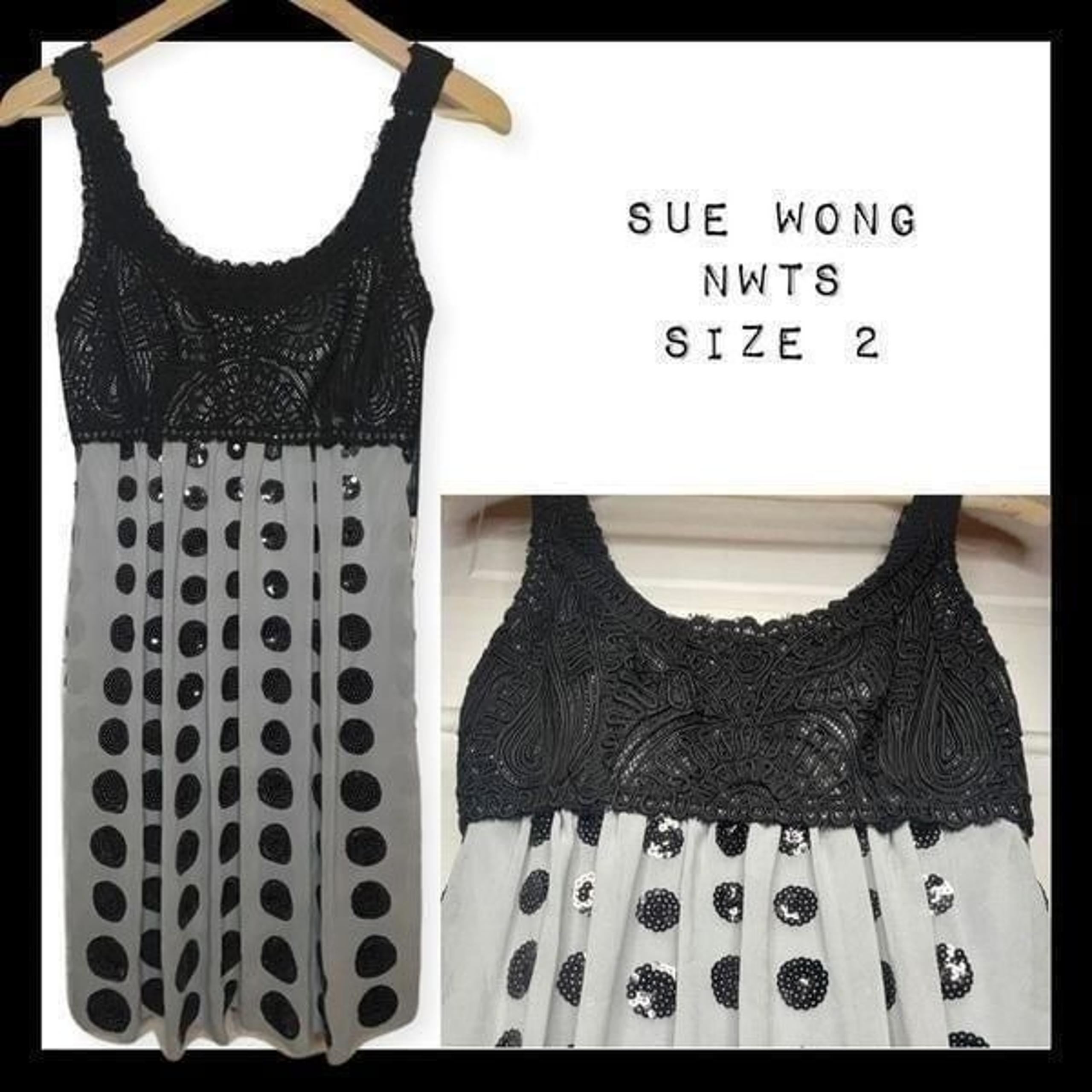 Sue Wong Nocturne Sequined Dress w/ Scoop Neck & Lace Top Size 2