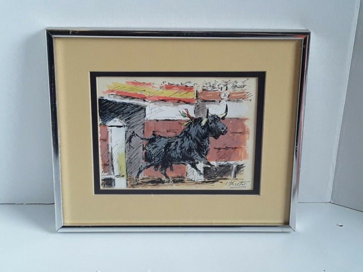 Bull Fight Painting Framed Under Glass