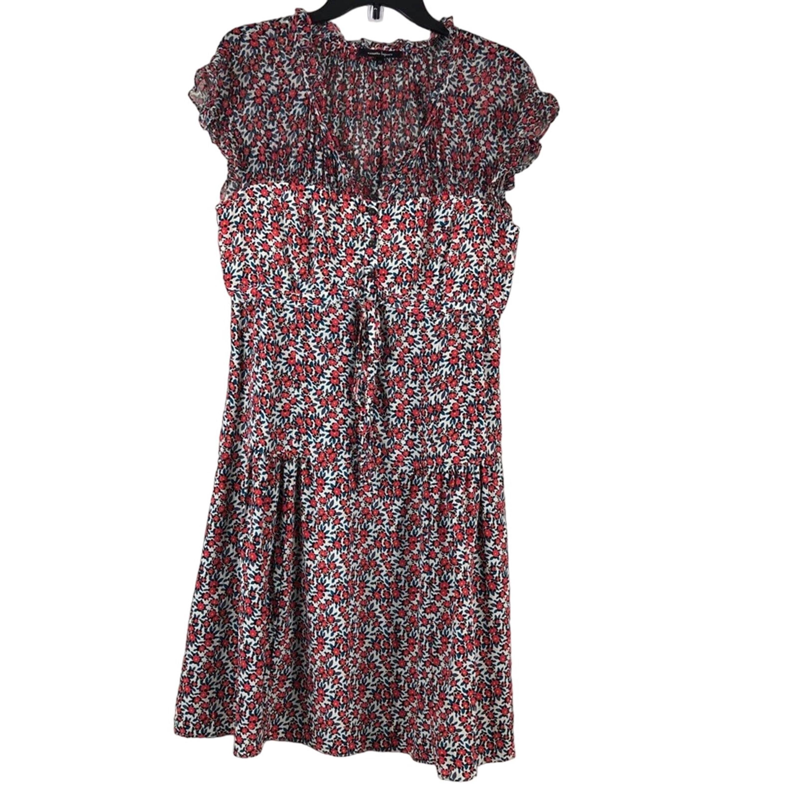 Nanette Lepore Red Short Sleeve V-Neck Floral Silk Blend Lightweight Midi Dress