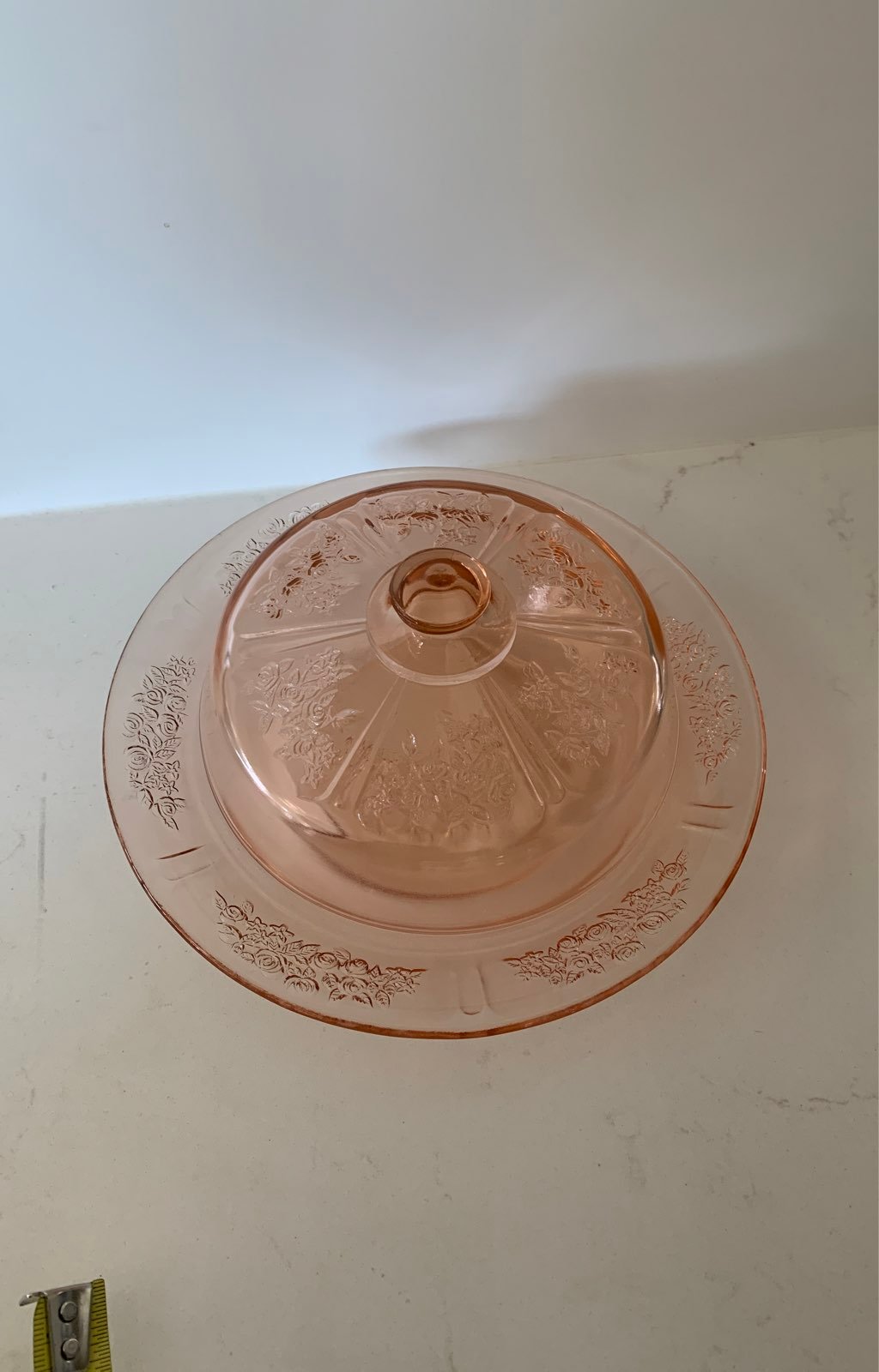 Vintage pink depression glass covered butter or candy dish with Domed lid
