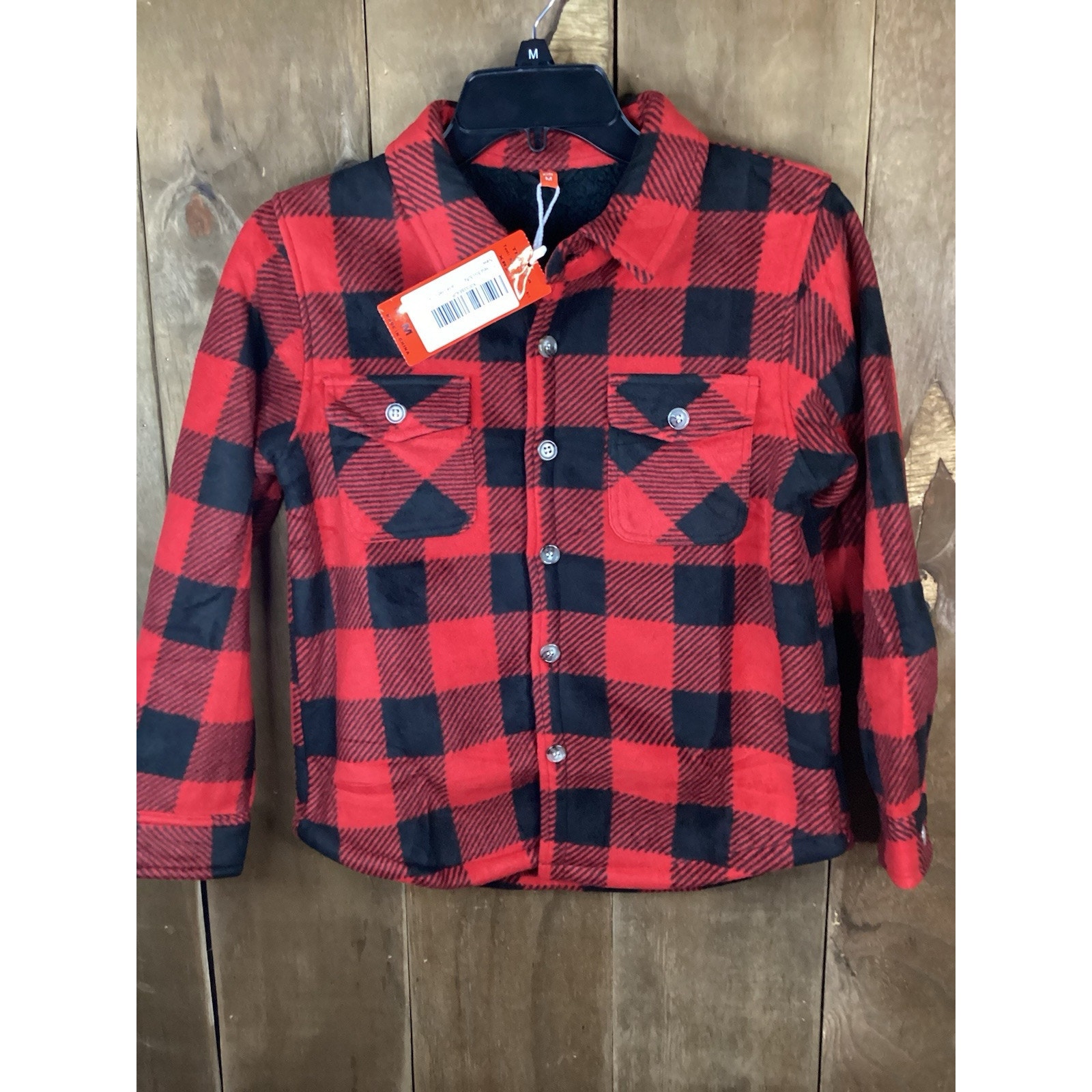 ThCreasa Boys Red And Black Plaid Shirt Jacket Fleece Size Medium 7-8