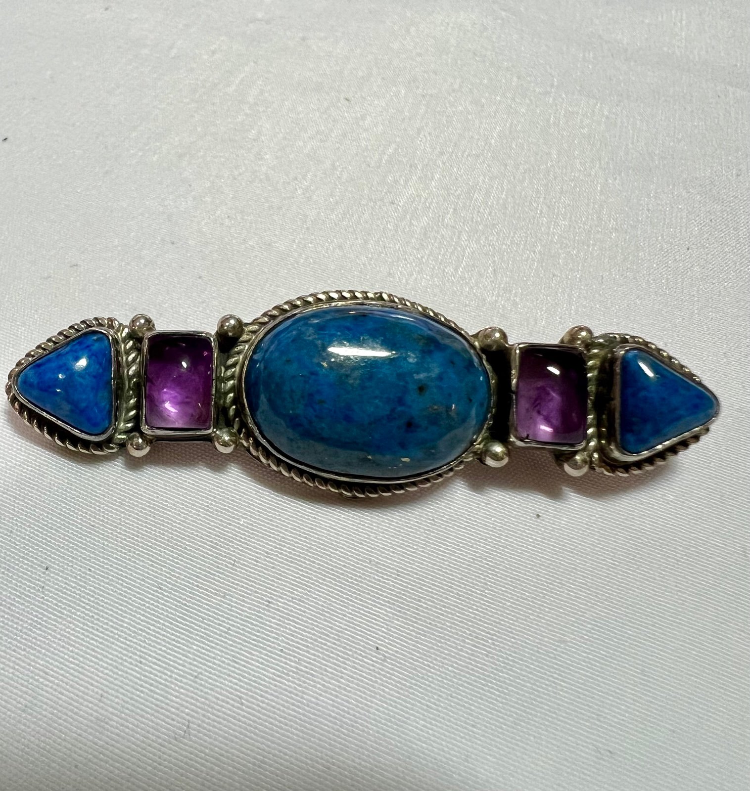 Vintage Sterling Silver Brooch by Bea Tom with Turquoise and Amethyst Stones