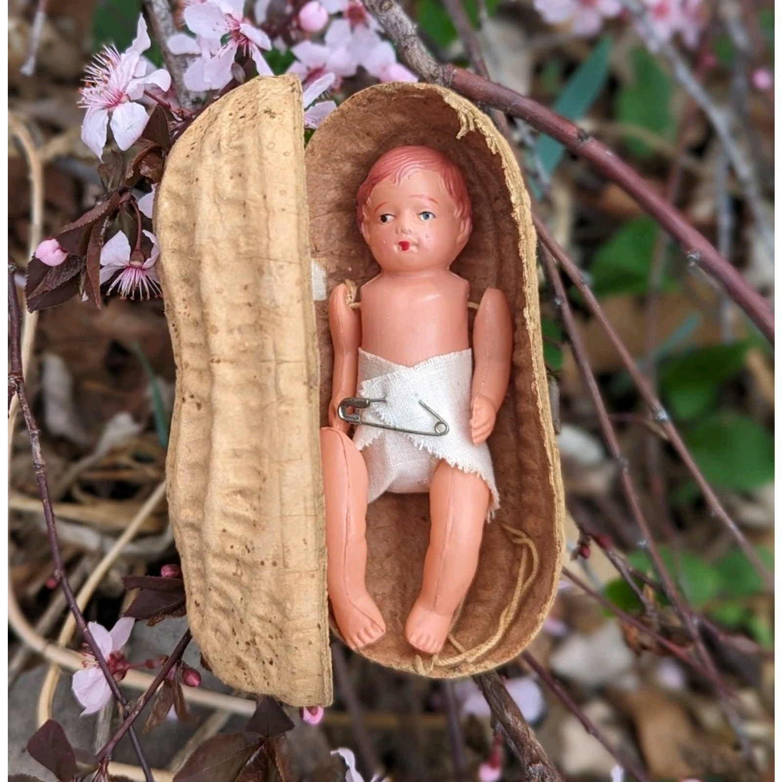 Antique Celluloid Small Baby Doll In Papier Mache Peanut Shell Box Japan