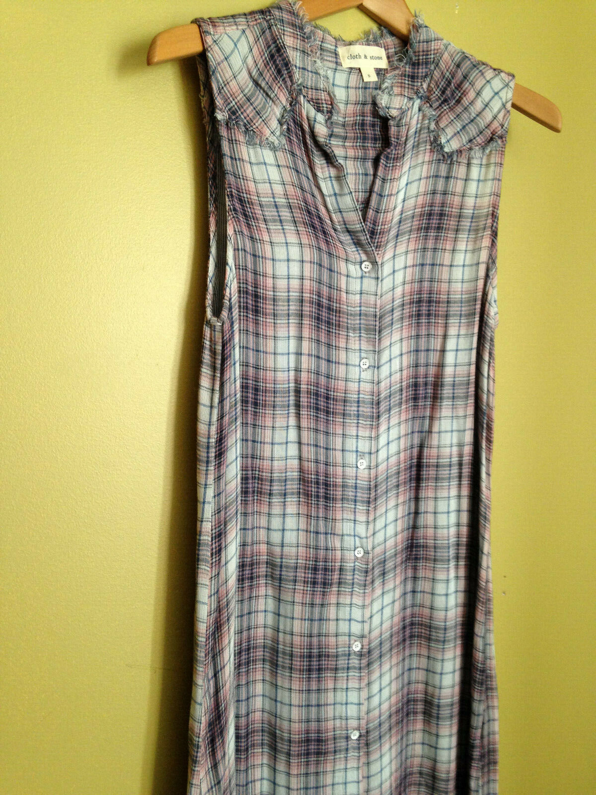 NEW Cloth & Stone Soft Plaid Pink Blue Button Down Frayed Shirt Dress USA S 160