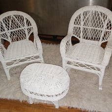 VINTAGE THREE PIECE WICKER DOLL FURNITURE SET. CHAIRS ARE 12 INCHES TALL