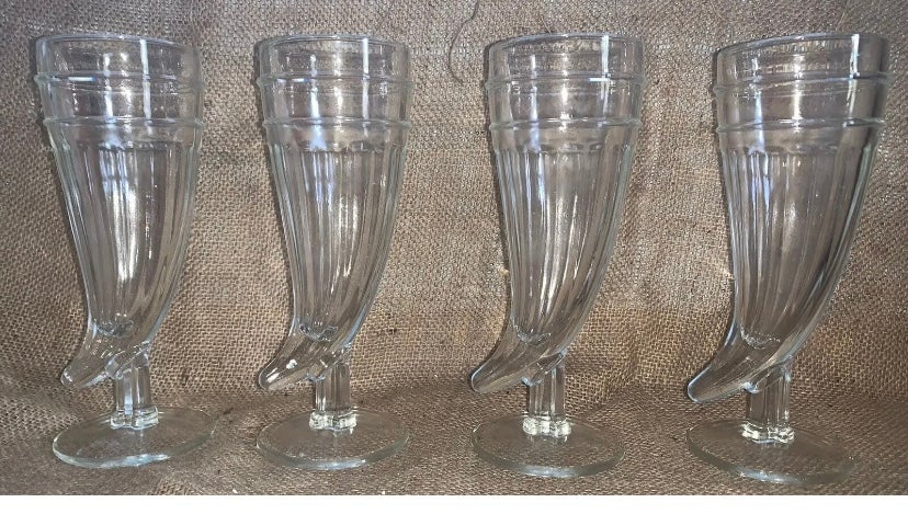 Vintage Clear Indiana Glass Powder Horn 10 Oz. Drinking Float Glasses, Set Of 4