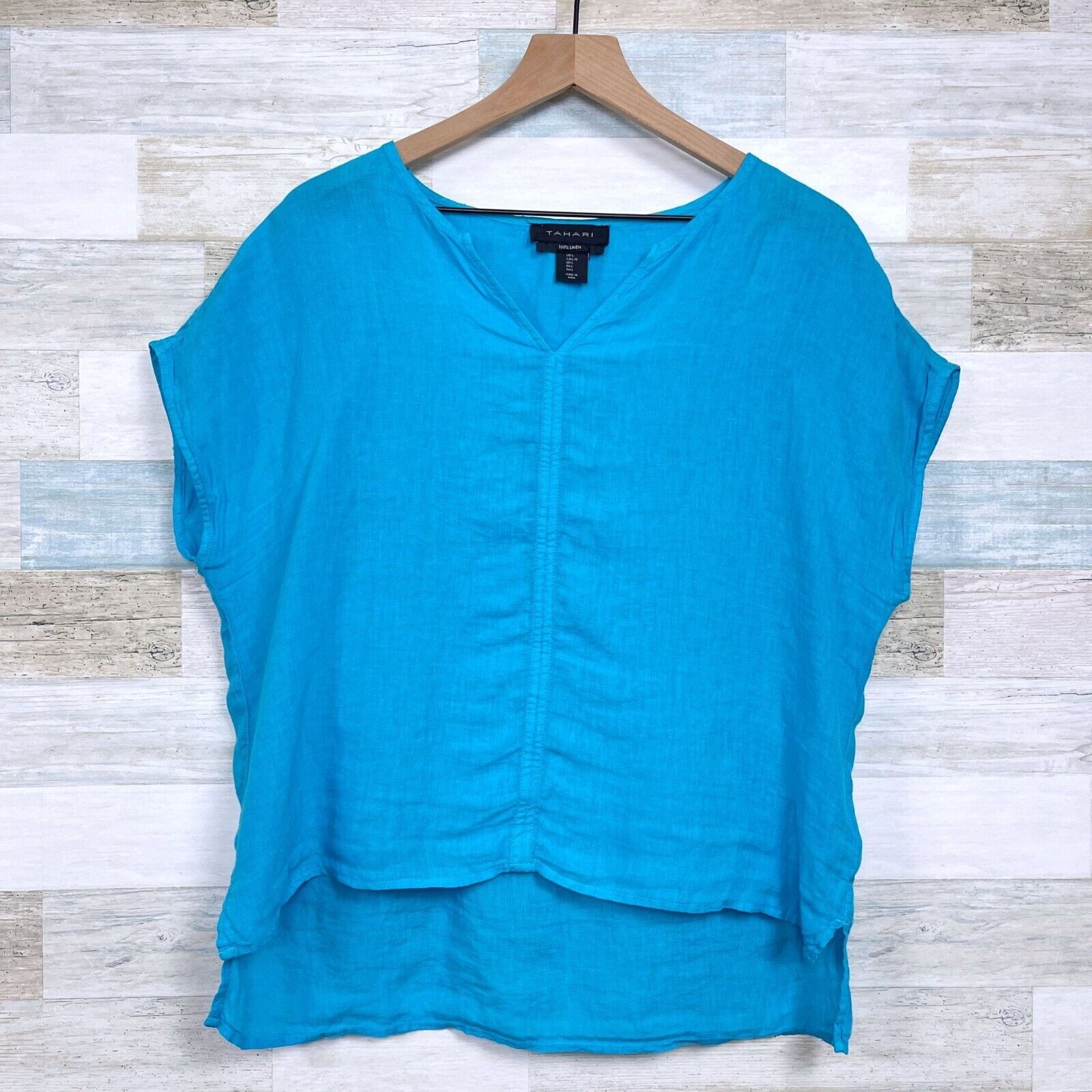 Tahari Linen Lagenlook Top Blue V Neck Boxy Relaxed Fit Casual Womens Large