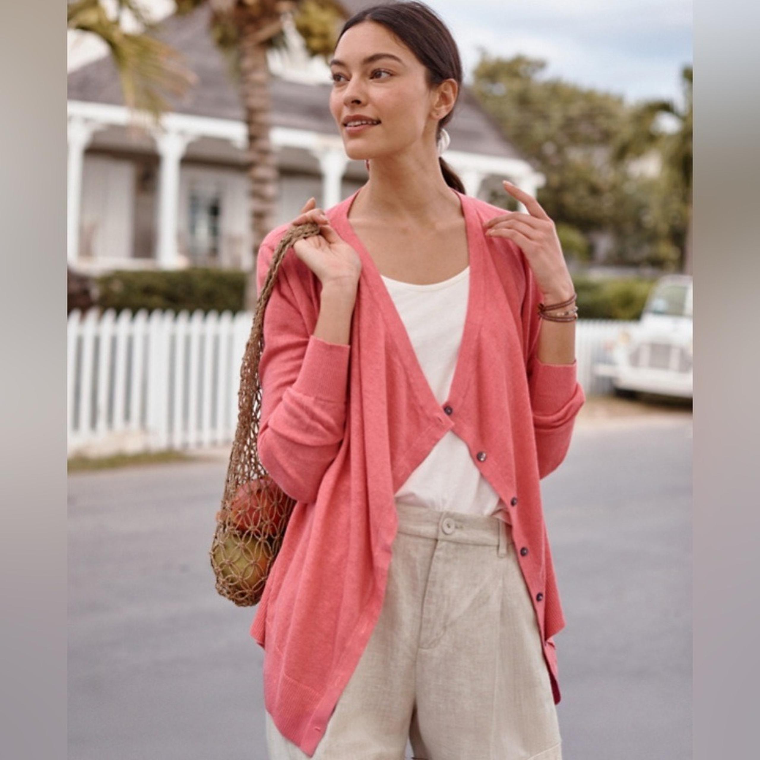 Womens NWT Garnet Hill 100% Linen Drape Front Pink Cardigan Sweater