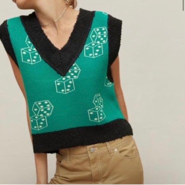 Urban Outfitters BDG Jordie Green Dice Jacquard Fuzzy Sweater Vest